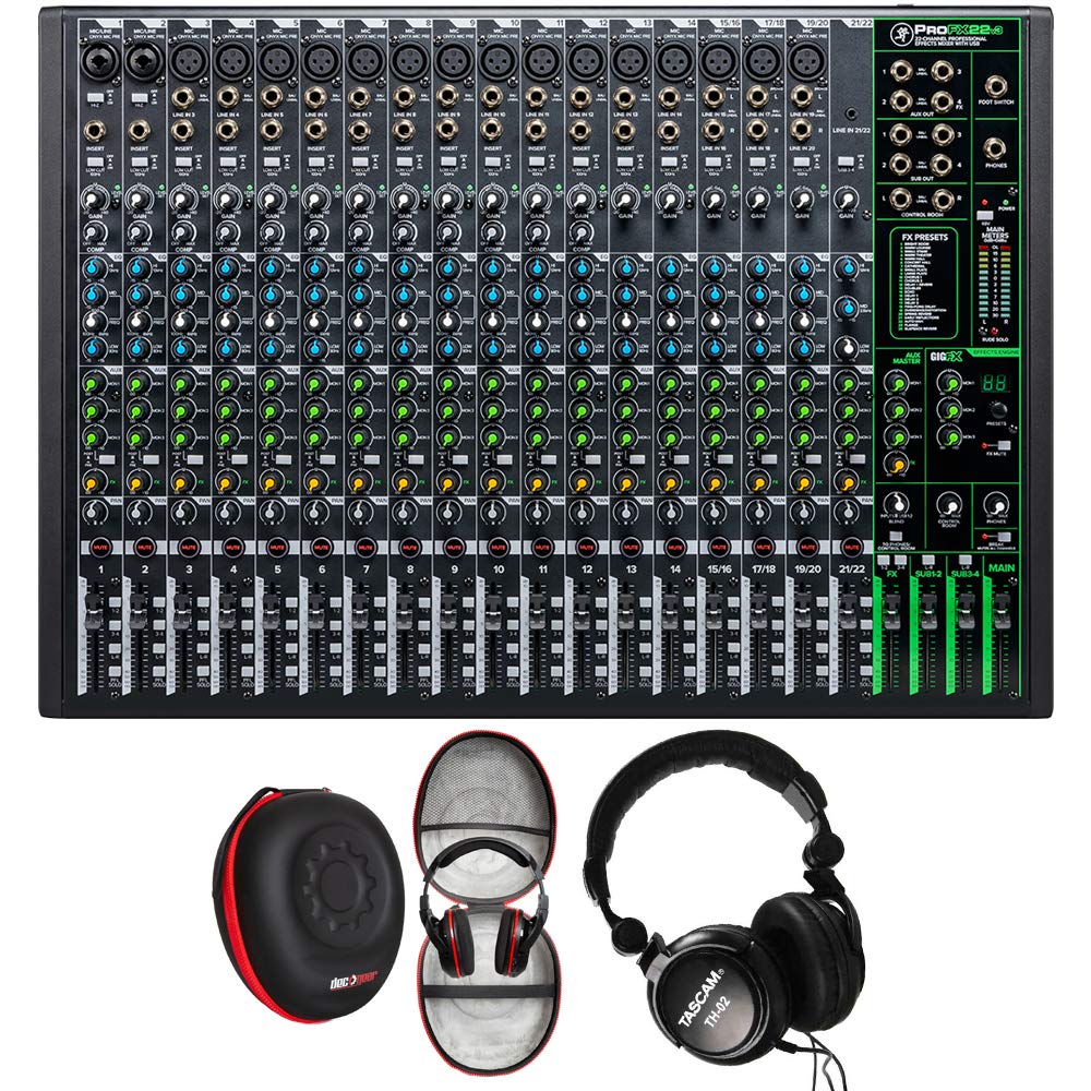 Mackie ProFX22v3 22-Channel Professional Audio Mixer with USB, Tascam Closed-Back Studio Headphones & Deco Gear Hard Case Bundle - Perfect for Live Performances, Studio Recording & Podcasting