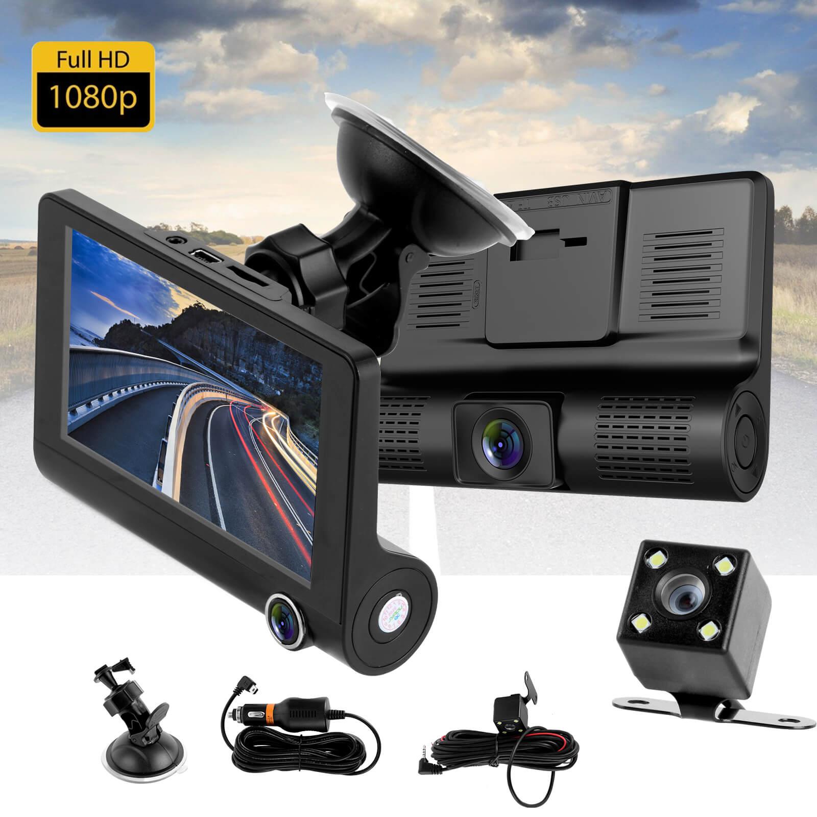 XGODY C2 4 Inch 1080P HD 3 Lens Car Dash Camera with Video Recorder - Front Rear Inside Cabin Recording for Uber Taxi Rideshare & Night Driving Safety
