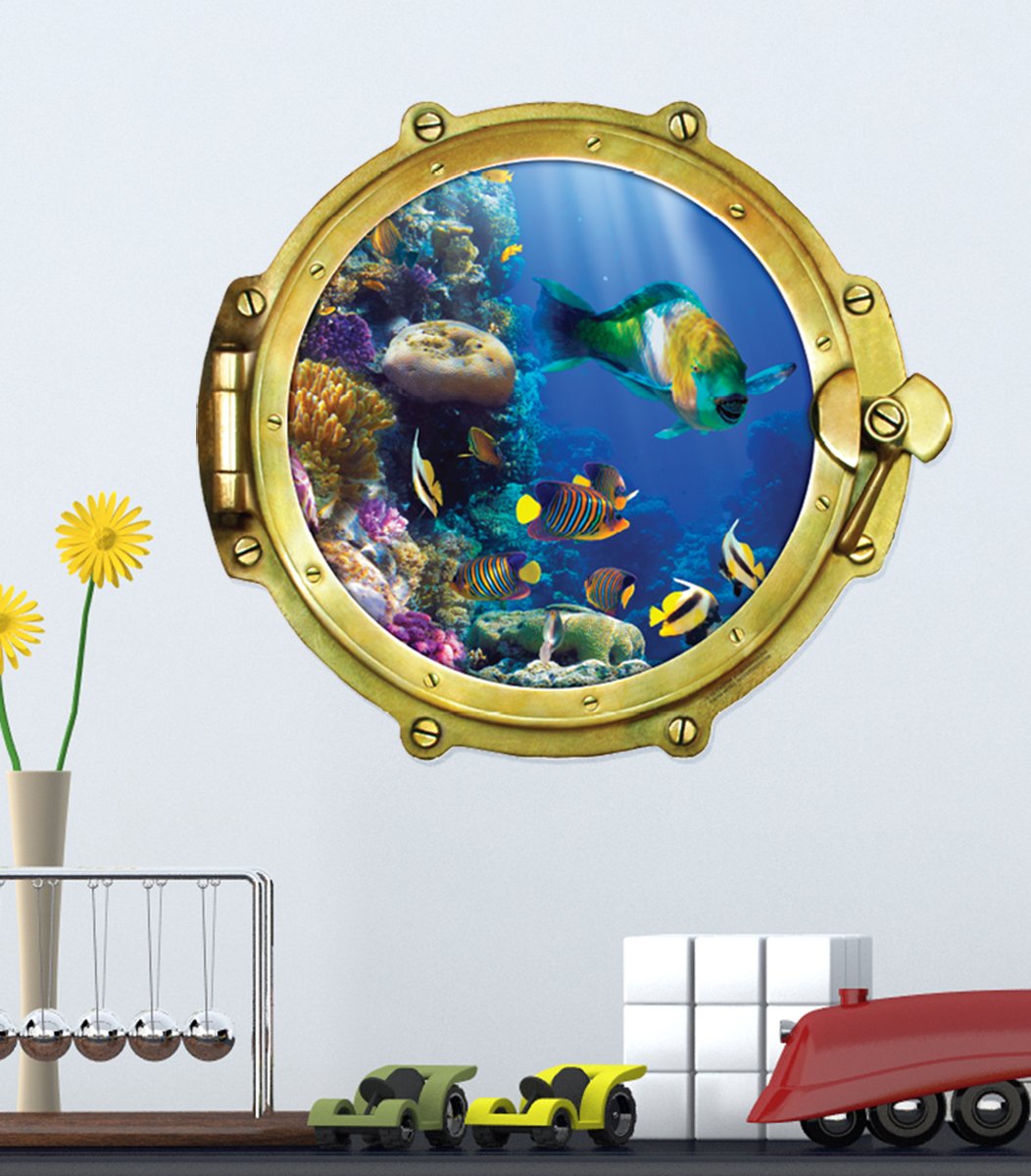 Peel & Stick Porthole Wall Decal - Tropical Fish Window View (12x10.75 Inch) - Perfect for Kids' Rooms, Bathrooms & Ocean-Themed Decor
