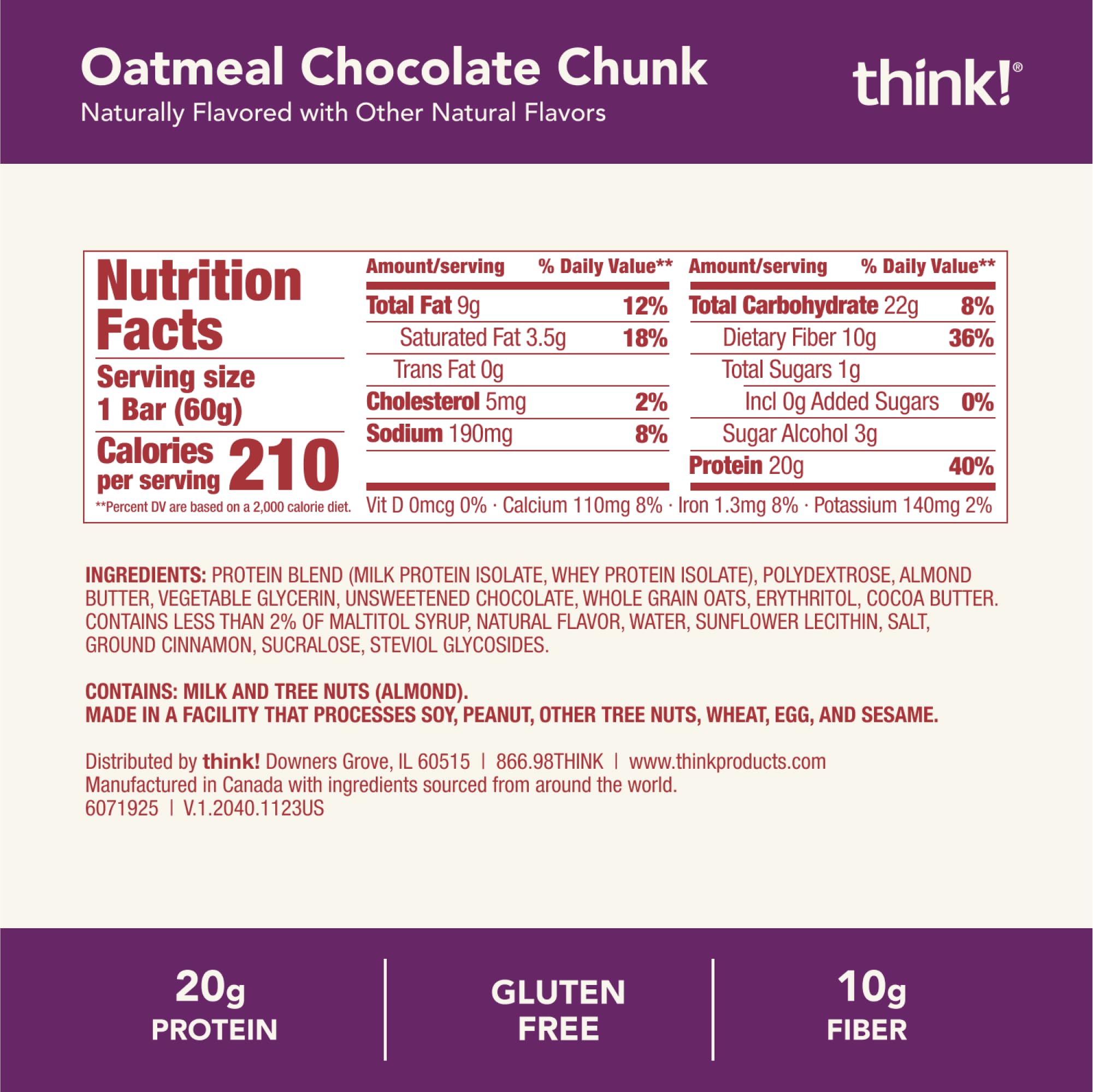 Think! Protein Bars - High Protein Snacks, Gluten Free, High Fiber, Oatmeal Chocolate Chunk (10 Count) | Perfect for Workout Recovery, Healthy On-the-Go Snacking & Weight Management