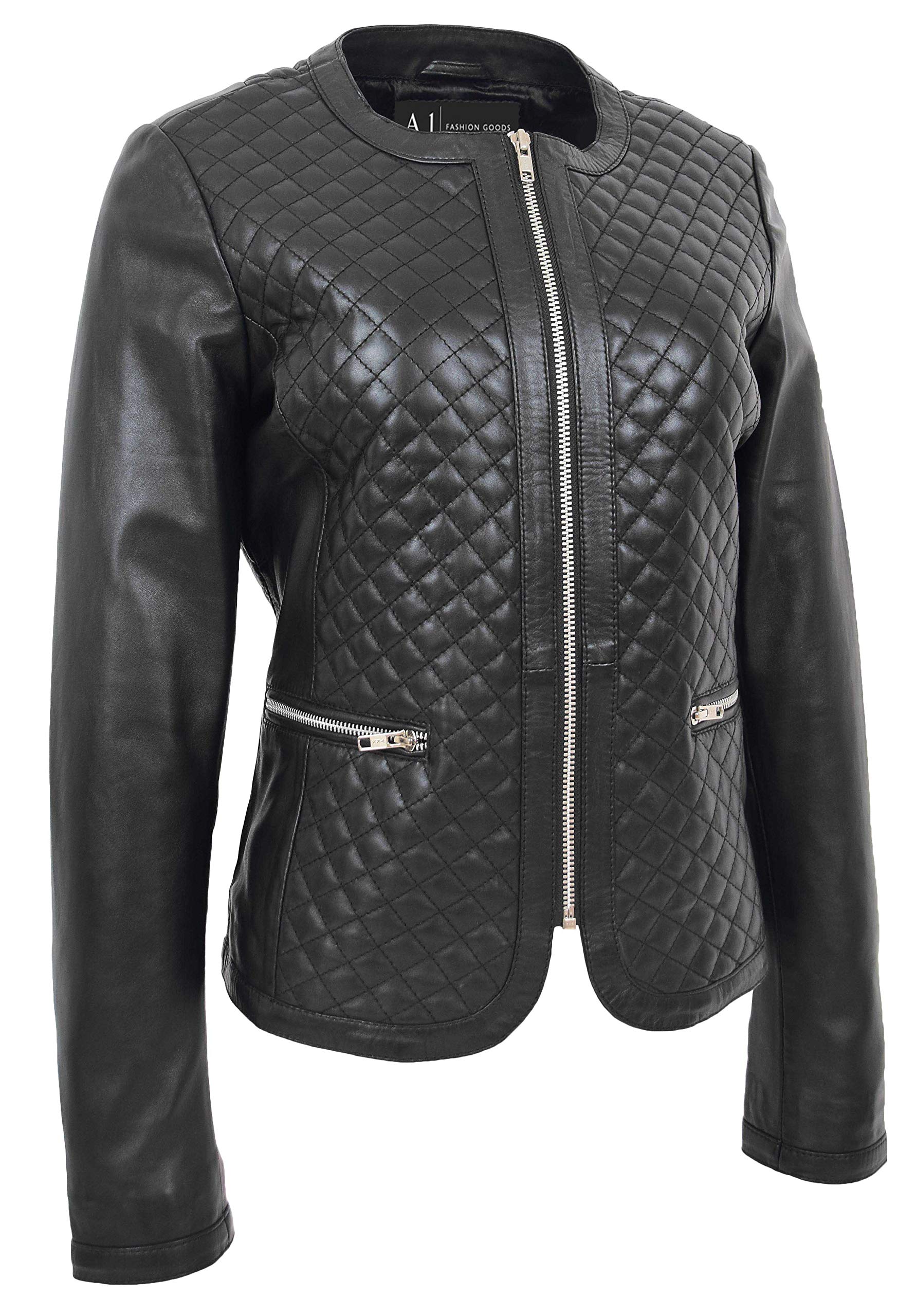Women's Collarless Soft Black Leather Jacket - Biker Style Fitted Quilted Stitch Design for Motorcycle Riding & Casual Outfits