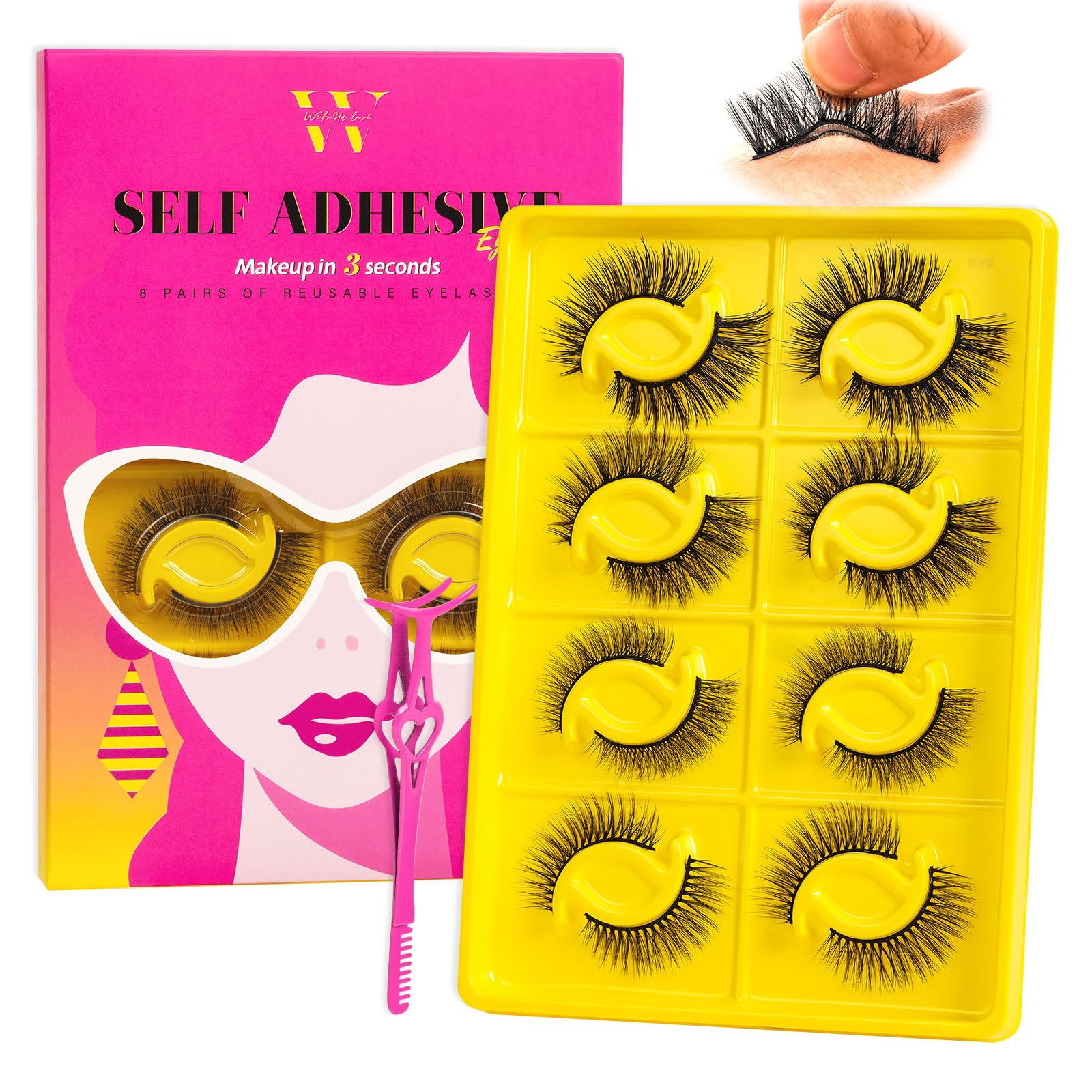 Self-Adhesive Eyelash Clusters Kit - 8 Pairs Reusable No Glue Needed False Lashes with Tweezers, No Sticky Residue, DIY Lash Extensions at Home (4 Styles, D-Mix 8-18mm) by WLFRHD | Perfect for Daily Wear, Special Occasions & Professional Makeup