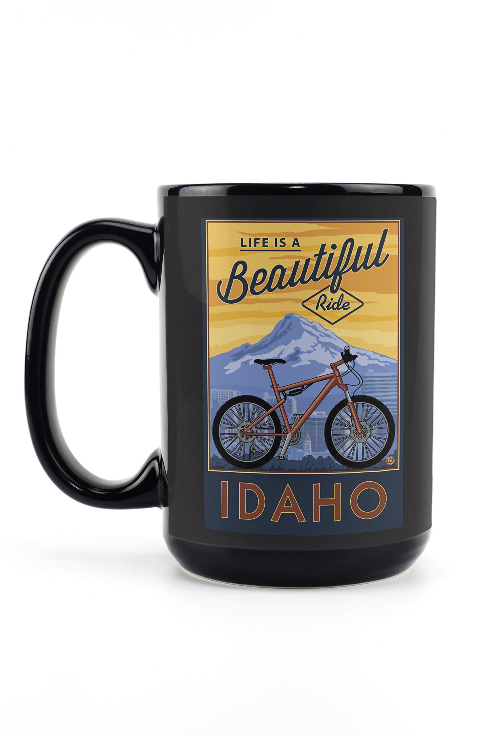 Lantern Press Idaho 'Life is a Beautiful Ride' Bike & Mountain Design 15oz Black Ceramic Coffee Mug - Microwave & Dishwasher Safe - Perfect for Camping, Office & Home Use