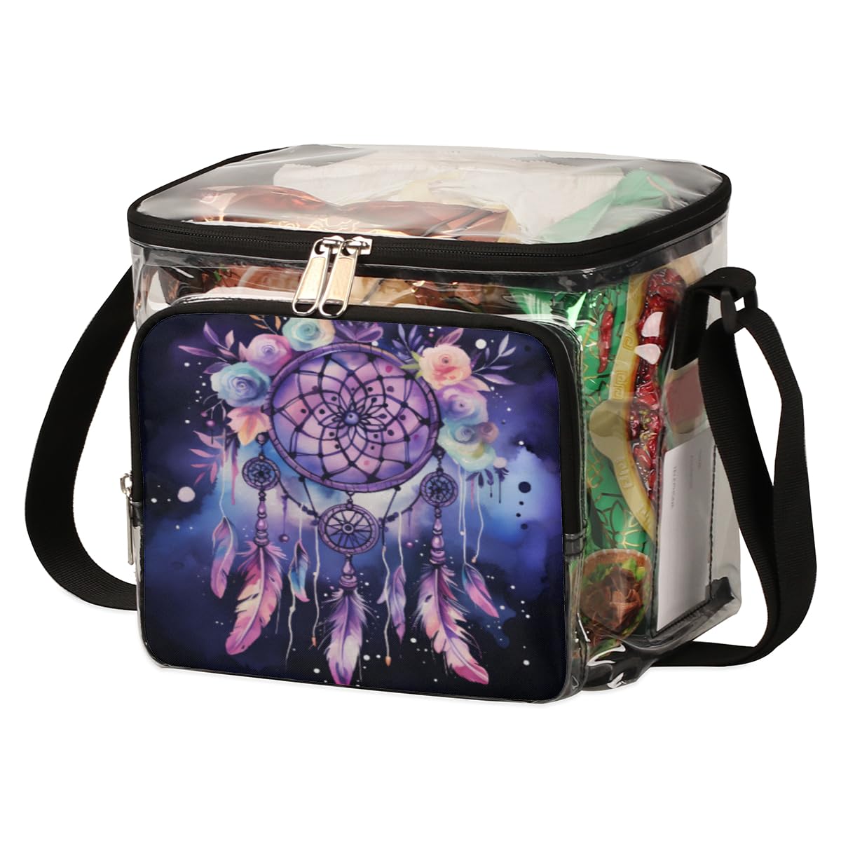 GzLeyigou Clear Transparent Tote Bag with Feathers & Flowers - Stadium Approved Crossbody Shoulder Bag for Outdoor, Travel, Picnic, Concerts & Sports Events | Perfect for Beach, Shopping, Music Festivals and Theme Parks