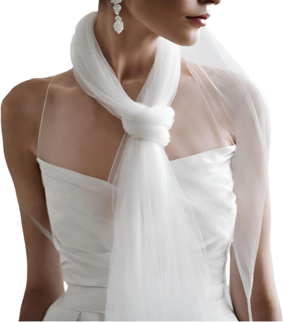 Ivory Silk Wedding Scarf - Elegant Long Bridal Neck Scarf, Tulle Net Neckerchief, Soft Draped Shawl for Bride - Perfect for Ceremony, Reception & Photo Shoots