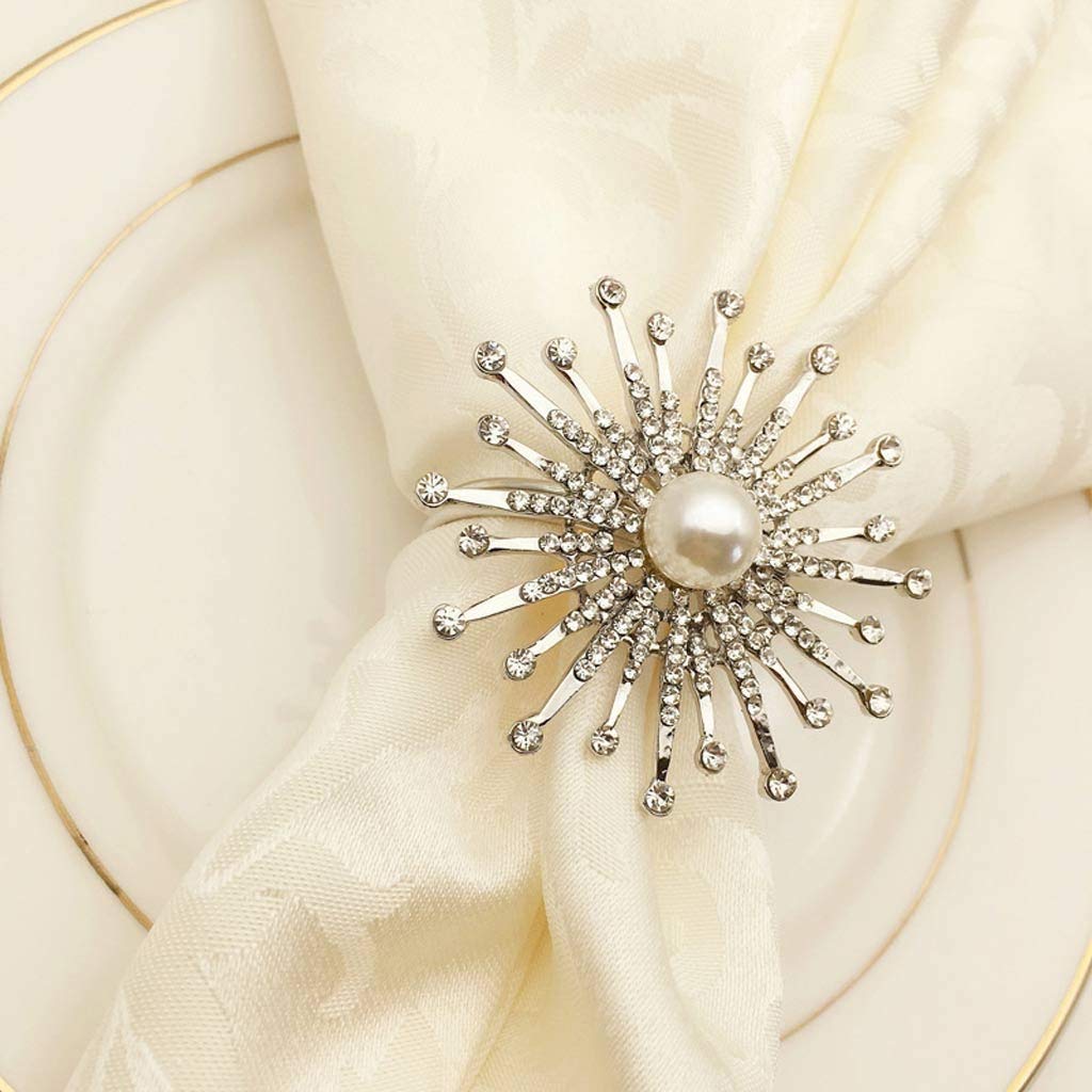 12pcs Silver Metal Flower Napkin Rings with Pearl Beads - Elegant Wedding, Christening & Party Table Decorations - Perfect for Bridal Showers, Anniversary Dinners & Holiday Celebrations