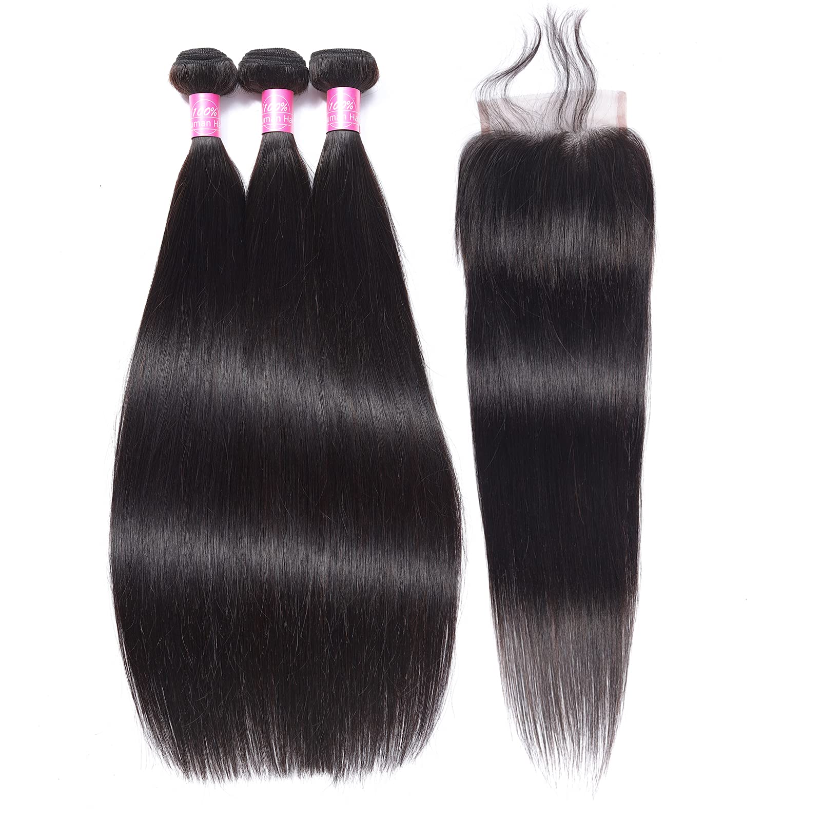 FQ Peruvian Straight 100% Human Hair Bundles with Lace Closure (10A Grade, 22 24 26+18 Inches) - Unprocessed Virgin Hair Weave for Black Women - Perfect for Daily Wear, Styling, and Protective Hairstyles