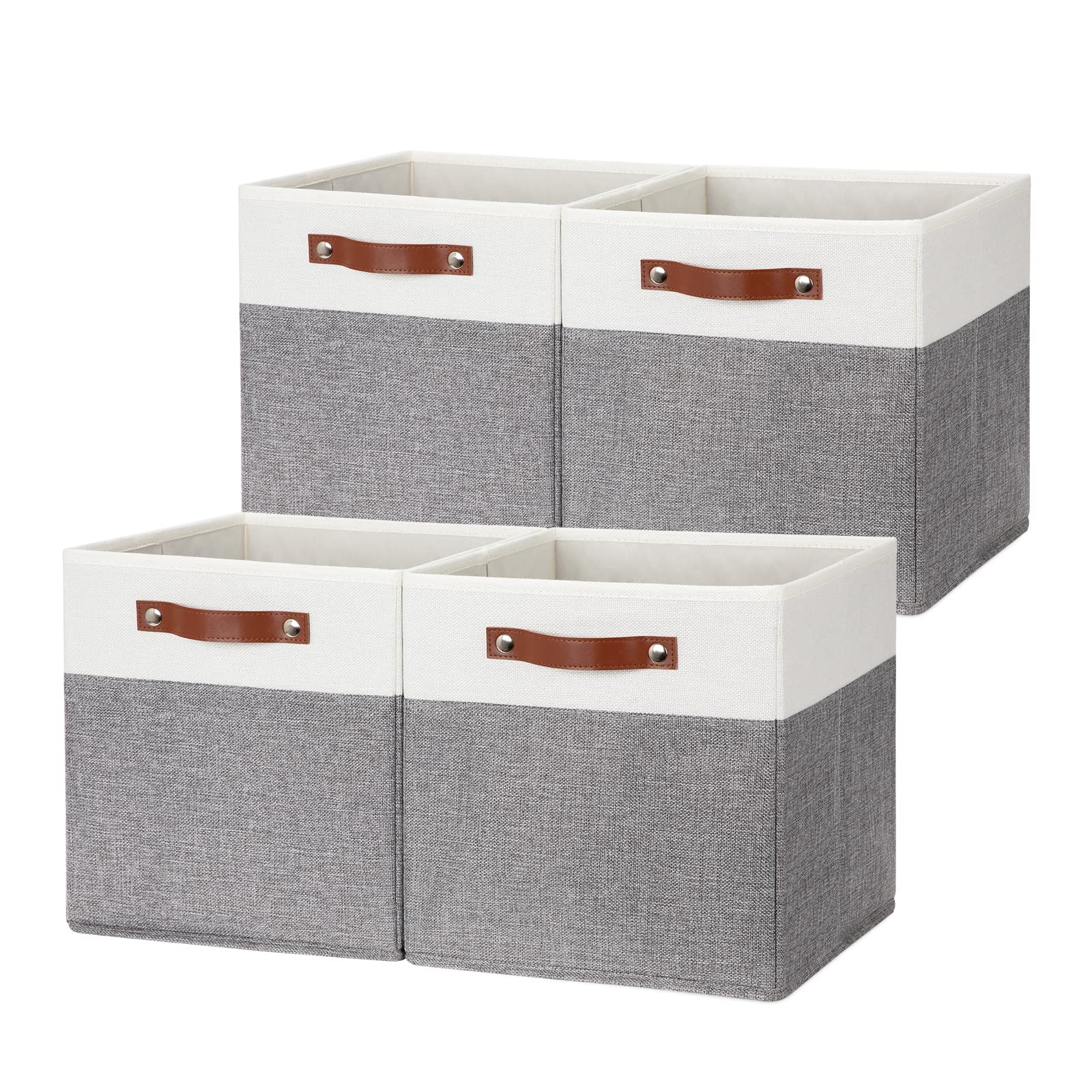 DULLEMELO 12 Inch Collapsible Storage Cubes with Handles - 4 Pack White & Grey Fabric Storage Bins for Shelves, Closet, Nursery & Home Organization - Perfect for Toys, Books, Clothes & Bedroom Storage
