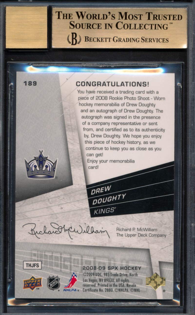 2008-09 SPX Drew Doughty Rookie Jersey Autograph Card #189/499 - BGS 9.5 Gem Mint (Pop 2) - Rare Hockey Collectible for Display & Investment