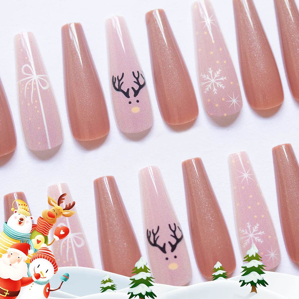 Extra Long Press on Nails - Christmas Snowflake Red Elk Ballerina Glossy Acrylic Fake Nails for Women | 30PCS Full Cover False Nails Tips | Perfect for Holiday Parties, Gift Giving & Festive Nail Art
