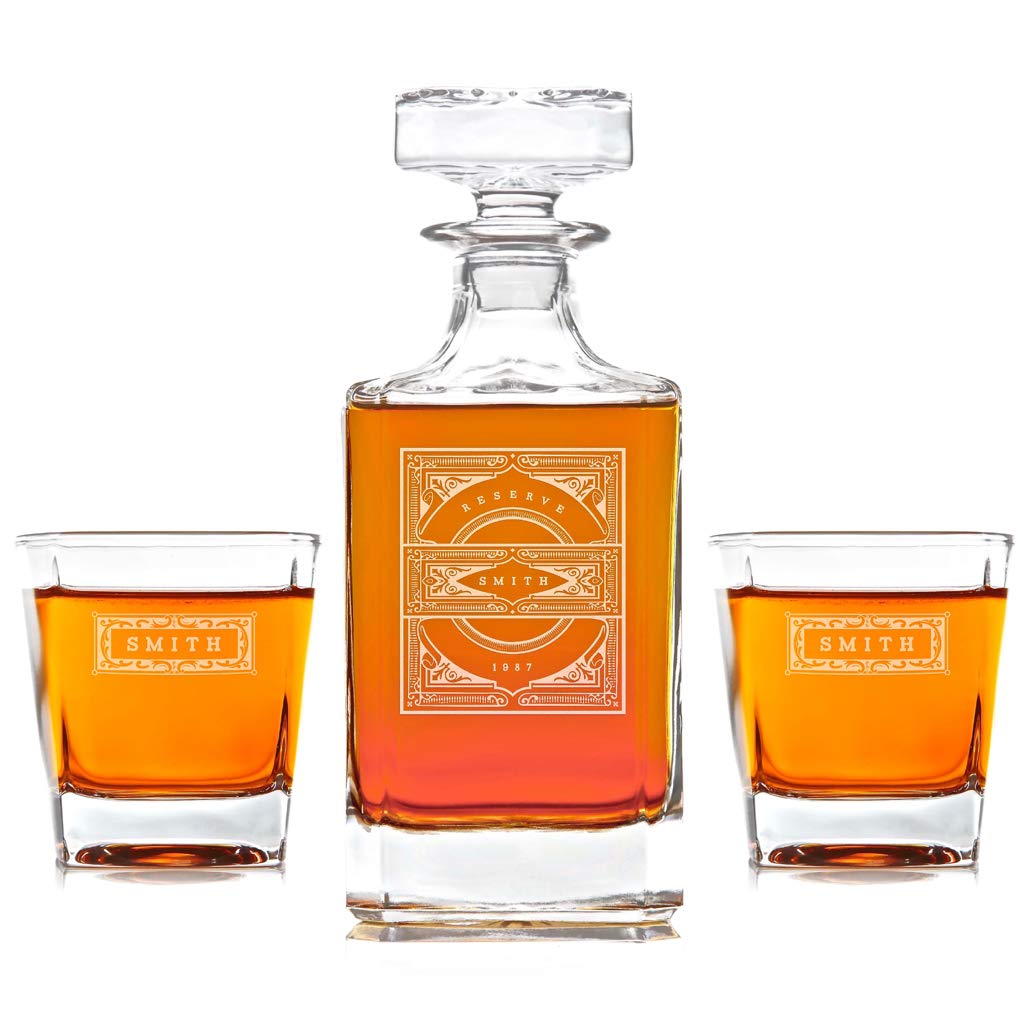 Personalized Whiskey Decanter Set with 2 Engraved Glasses - Custom Vintage Whisky Gift Set for Men, Bourbon & Scotch Accessories - Perfect for Home Bars, Weddings & Anniversary Gifts