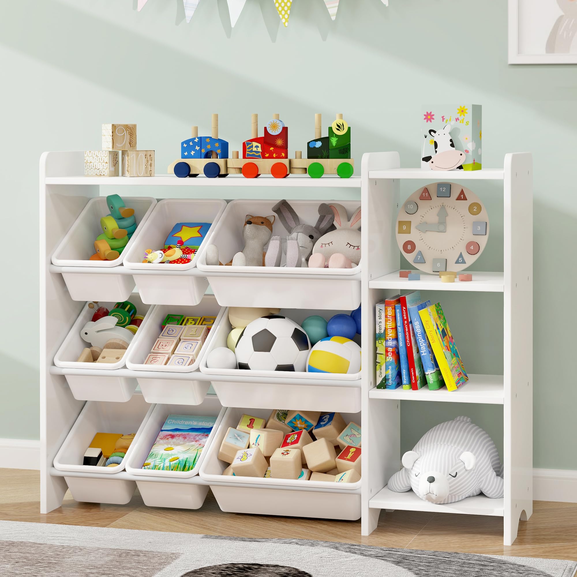 MallBest 4-Tier Kids Toy Storage Organizer Shelf - 100% Solid Wood Children's Storage Cabinet with 9 Plastic Bins & 3 Storage Ports (White) - Perfect for Nursery, Playroom & Bedroom Organization