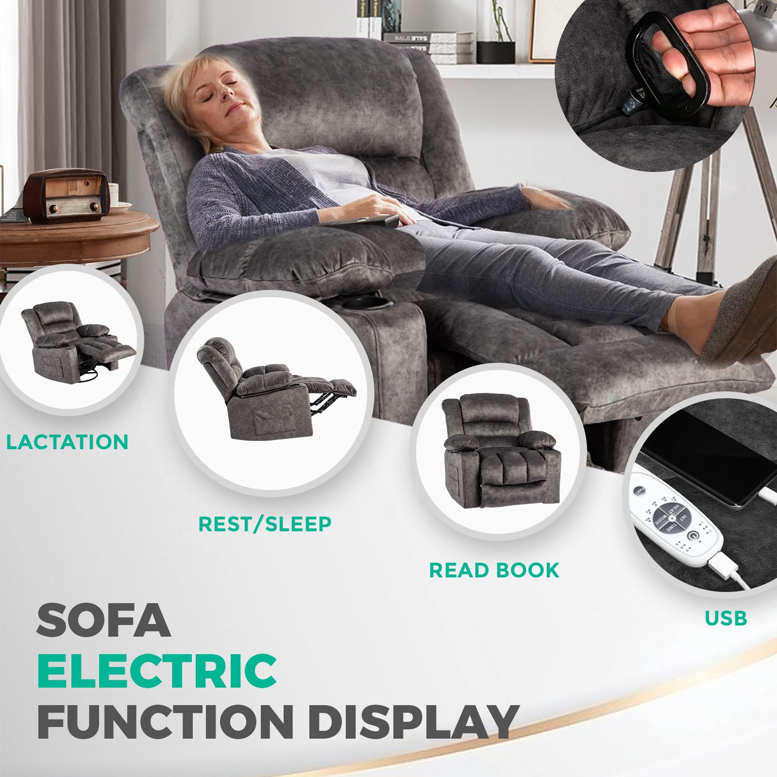 Modern Ergonomic Recliner Chair with Massage, Heat & Swivel - Dark Grey Lounge Sofa for Living Room | Foam Filled Comfort | Perfect for Relaxation, Reading & TV Watching