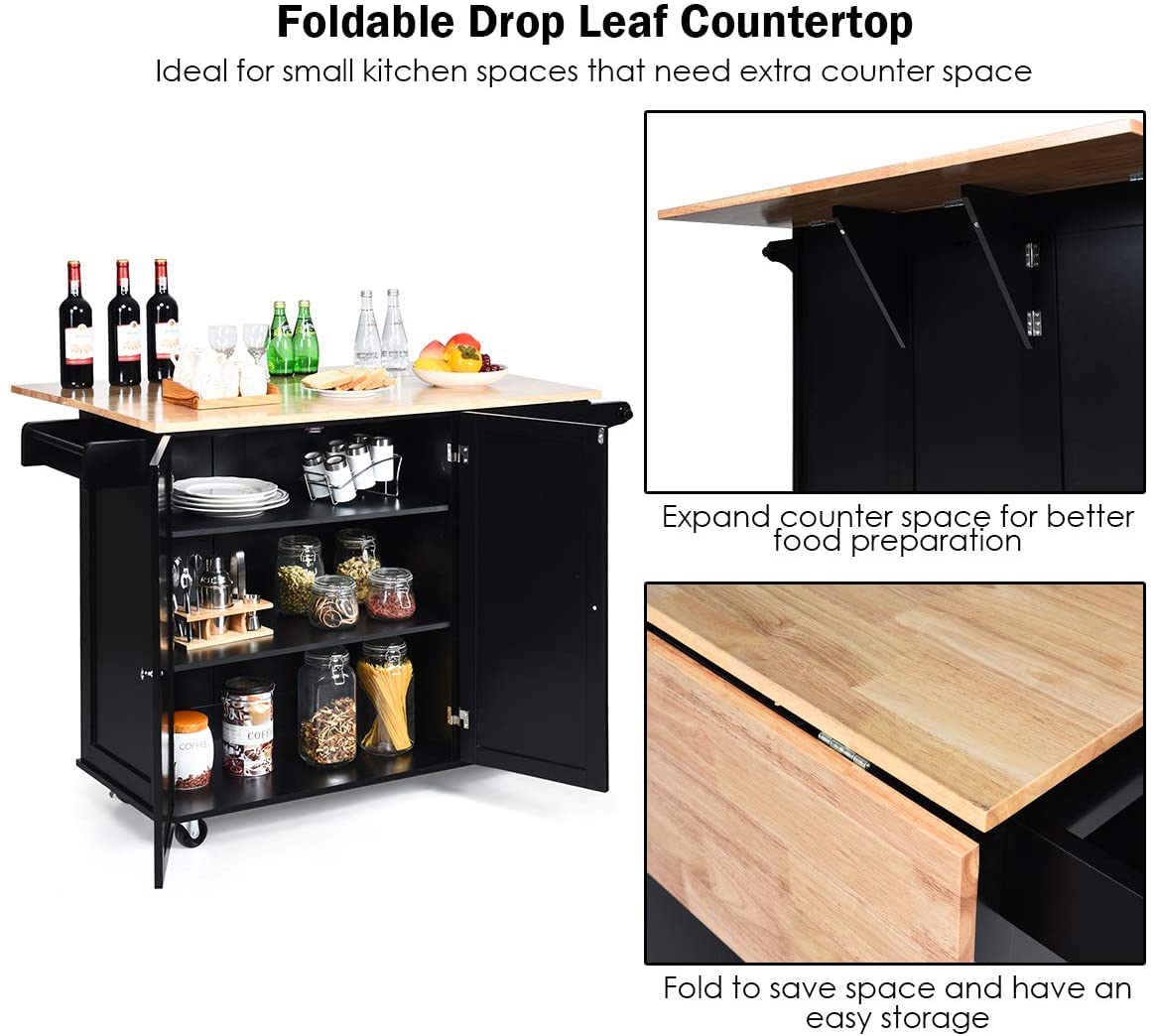 LDAILY Mocha Kitchen Island Cart with Drop-Leaf Tabletop - Mobile Kitchen Cart with Large Cabinet, 3 Drawers, Spice Rack & Towel Rack - Heavy Duty Rolling Trolley for Home Kitchen, Dining Room & Small Apartment (Black) - Perfect for Food Prep, Extra Storage & Entertaining Guests