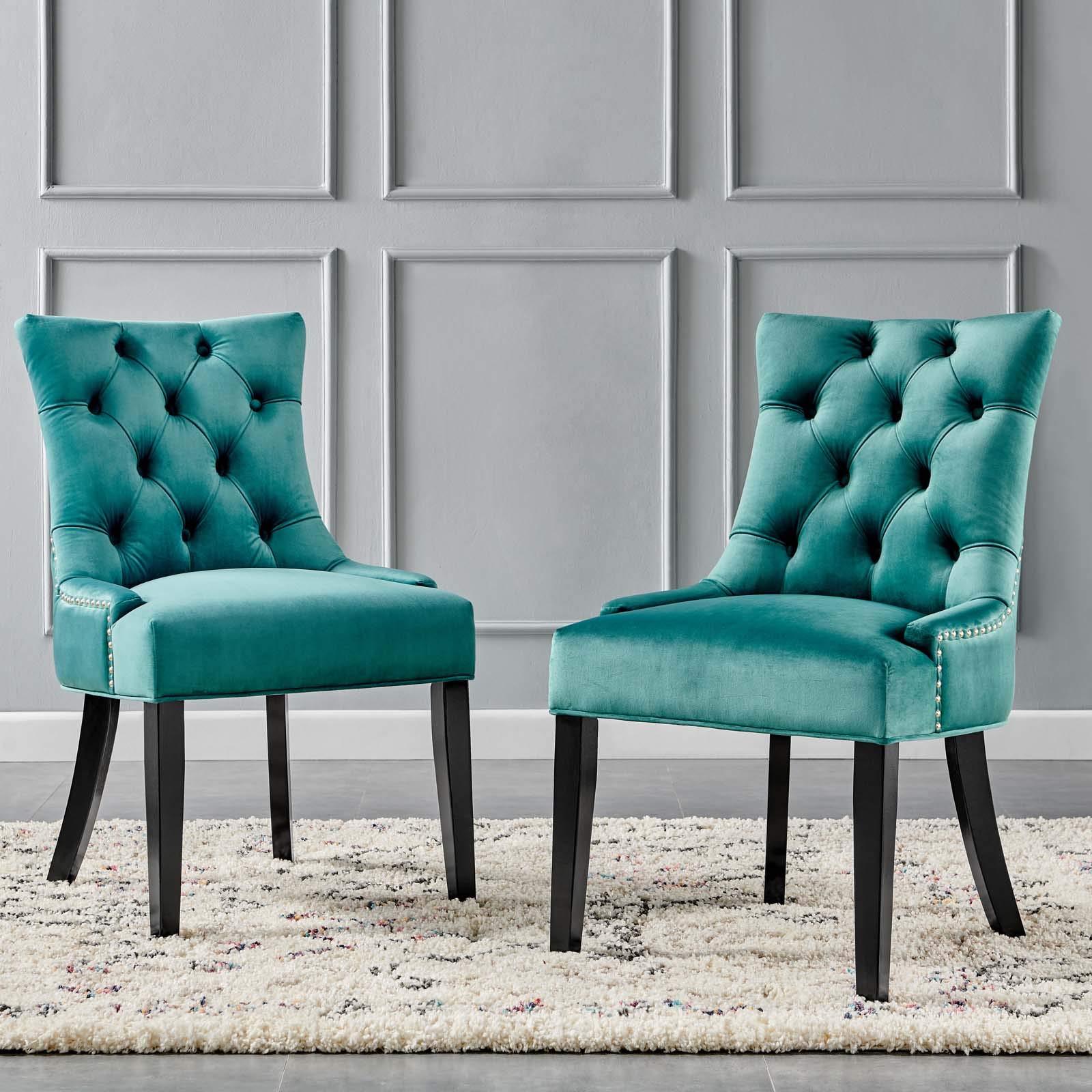 Modway Regent Tufted Performance Velvet Dining Chairs - Set of 2, Teal Blue Velvet Upholstered Side Chairs for Kitchen, Dining Room & Home Decor