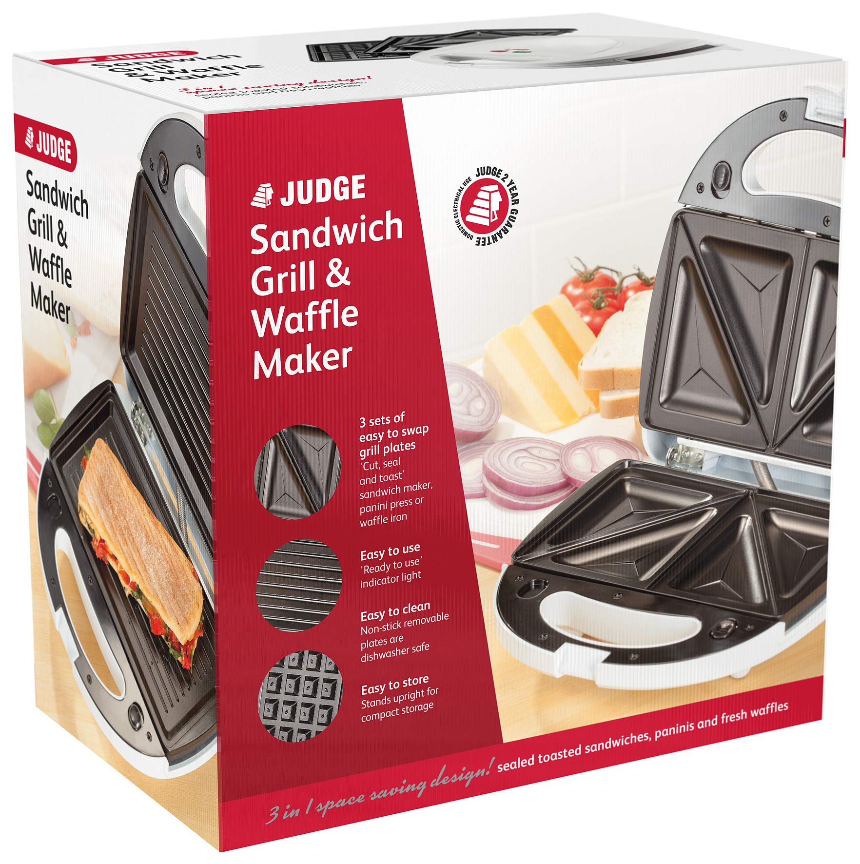 **Judge 3-in-1 Sandwich Maker, Waffle Iron & Panini Press with Non-Stick Dishwasher Safe Plates – 2-Year Warranty – Perfect for Breakfast, Lunch & Quick Snacks**