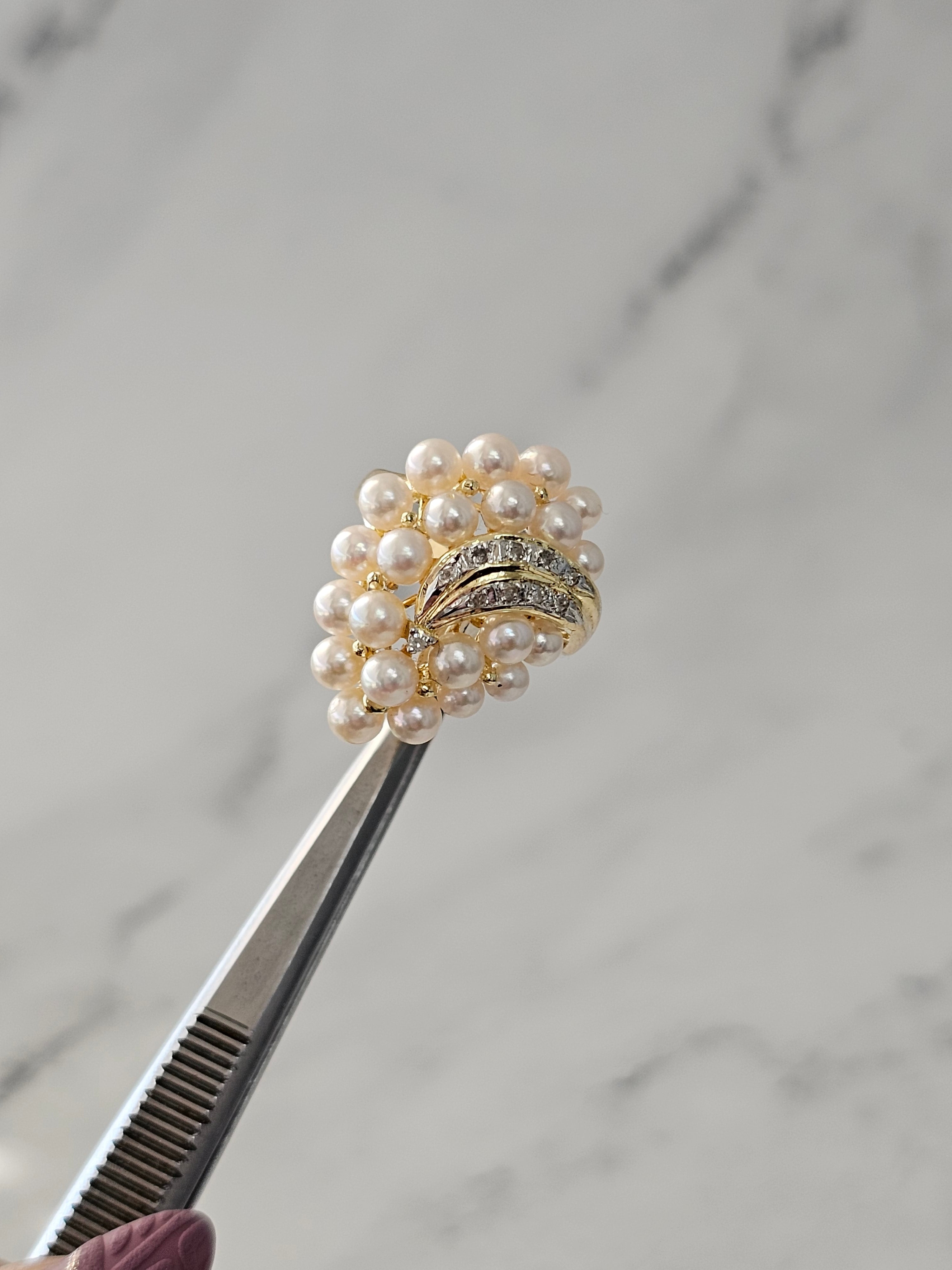 14K Yellow Gold Large Pearl Cluster Ring with Diamond Accents - Elegant Bridal Jewelry & Special Occasion Gift for Women
