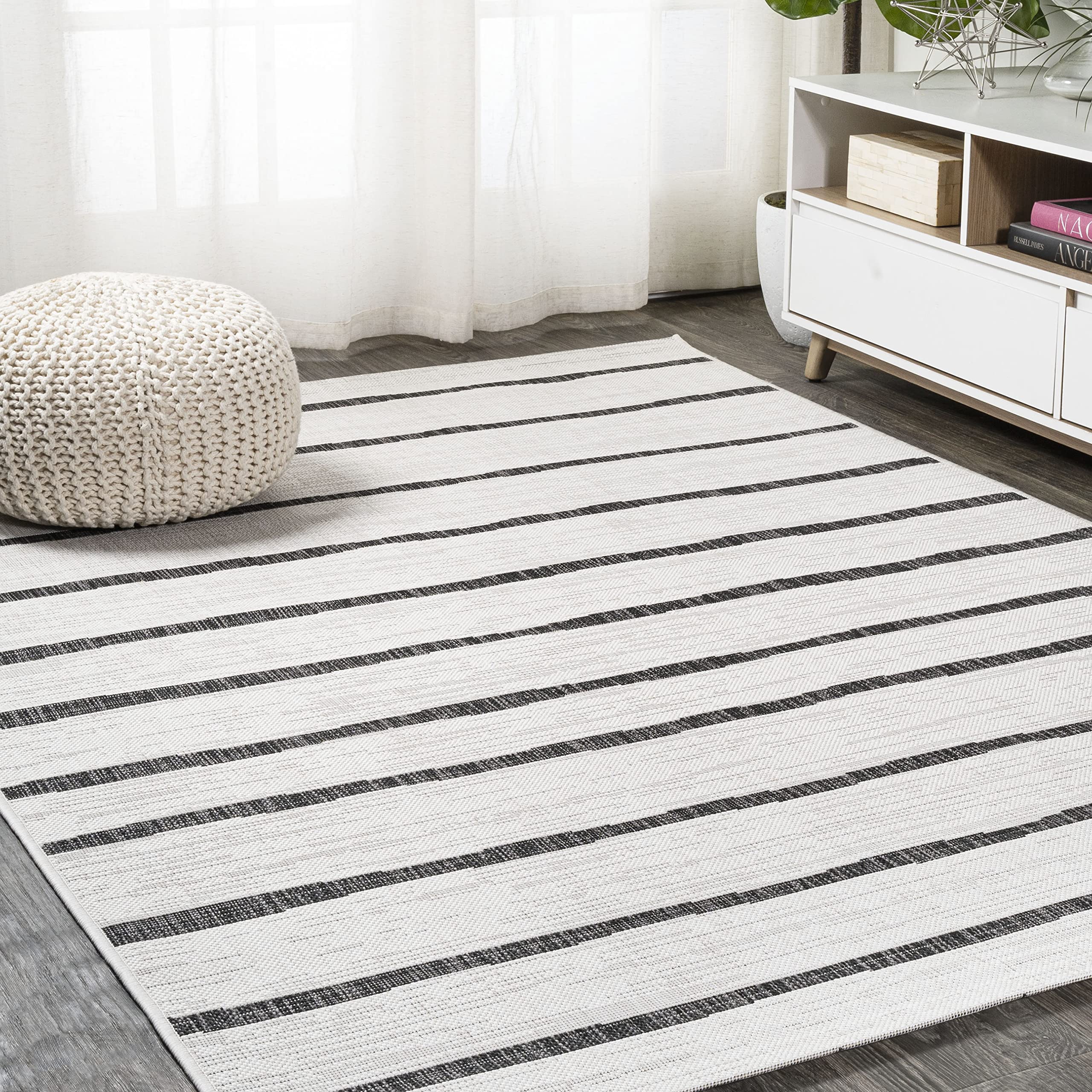 JONATHAN Y SMB125D-8 Berber Stripe Area Rug 8x10 ft - Modern Bohemian Indoor Outdoor Rug - Stain & Pet Friendly - Ivory Black - Perfect for Bedroom, Patio, Backyard & Living Room Decor