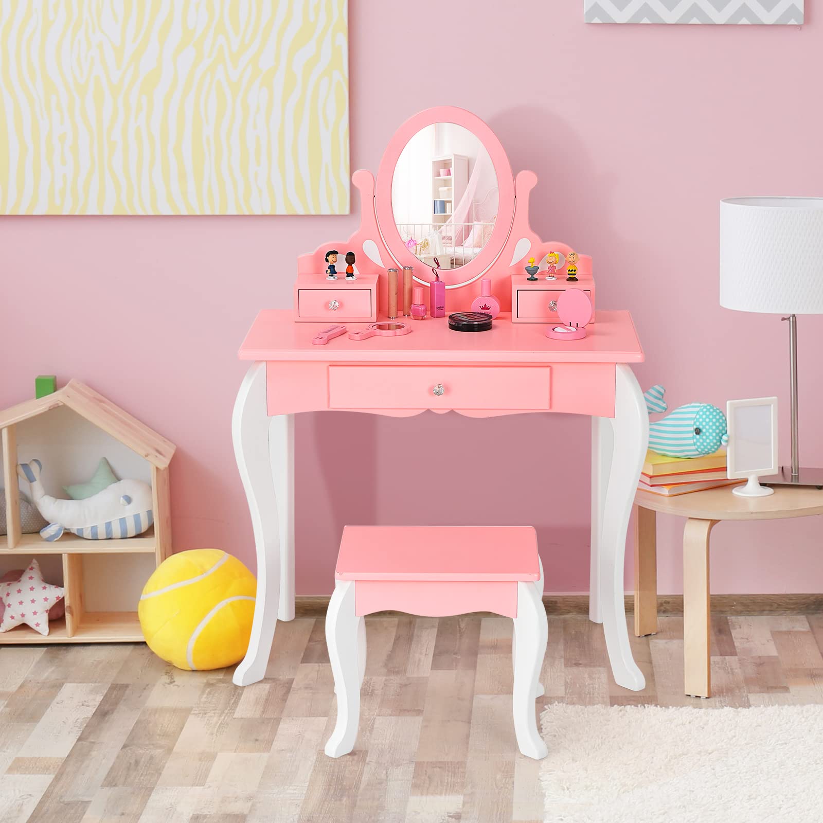 KOTEK 2-in-1 Wooden Princess Makeup Vanity Set with 360° Rotating Mirror, Detachable Top & Storage Drawers - Pink Kids Dressing Table with Stool for Girls | Pretend Play, Birthday Gift, Bedroom Decor, Toddler Room Furniture