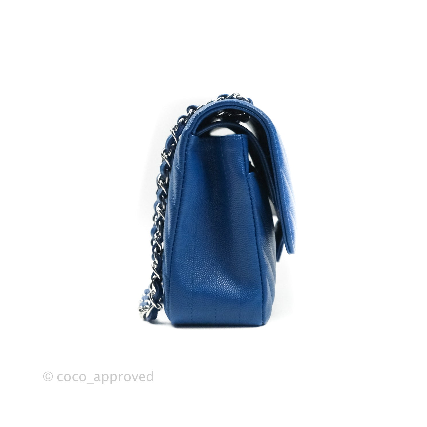Chanel Classic Chevron M/L Medium Double Flap Bag in Blue Caviar Leather with Silver Hardware - Perfect for Work, Evening Events & Luxury Fashion Accessories