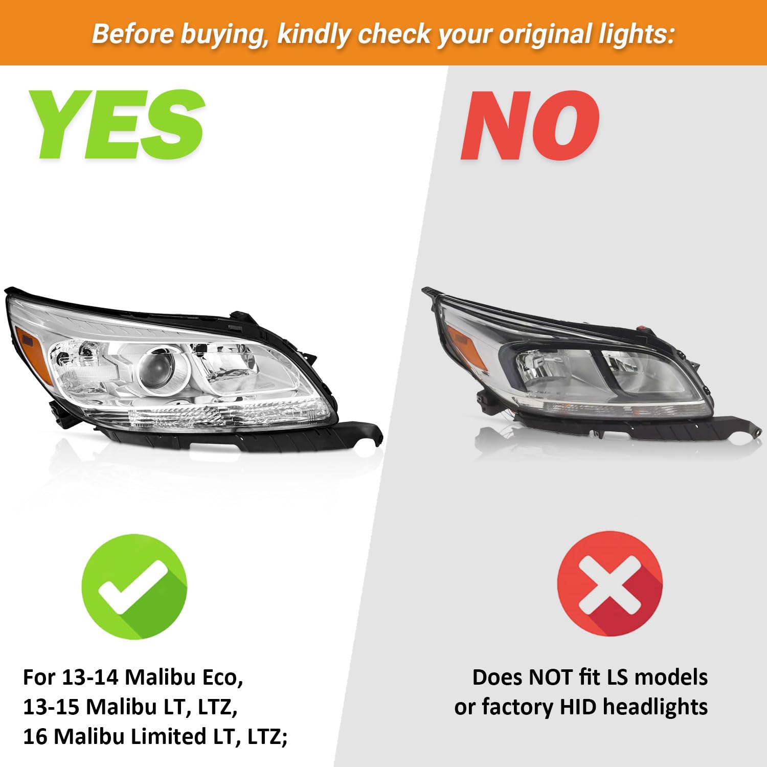 2013-2015 Chevy Malibu Headlights - LT/LTZ Replacement Pair for Night Driving