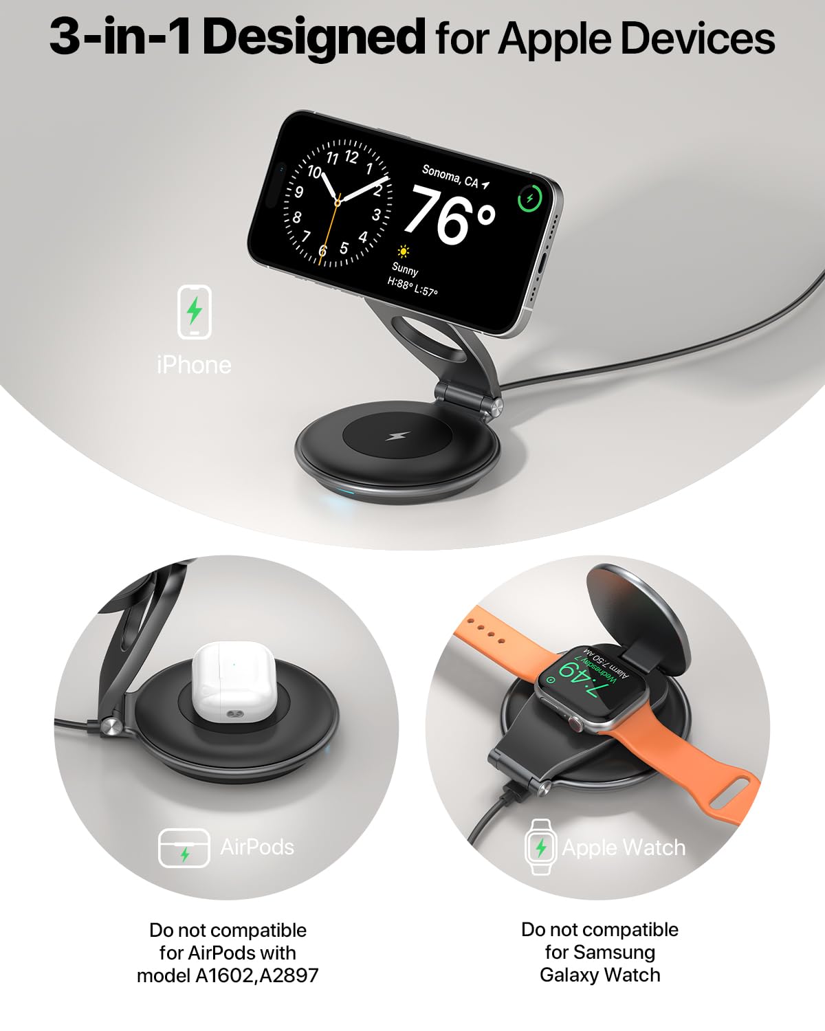 EXW Travel Magnetic Wireless Charging Station for iPhone 16/15/14/13/12 Series, Apple Watch & AirPods - 30W Fast Charger Included | Portable Foldable Magsafe Charger for Multiple Apple Devices | Perfect for Travel, Office & Home Use