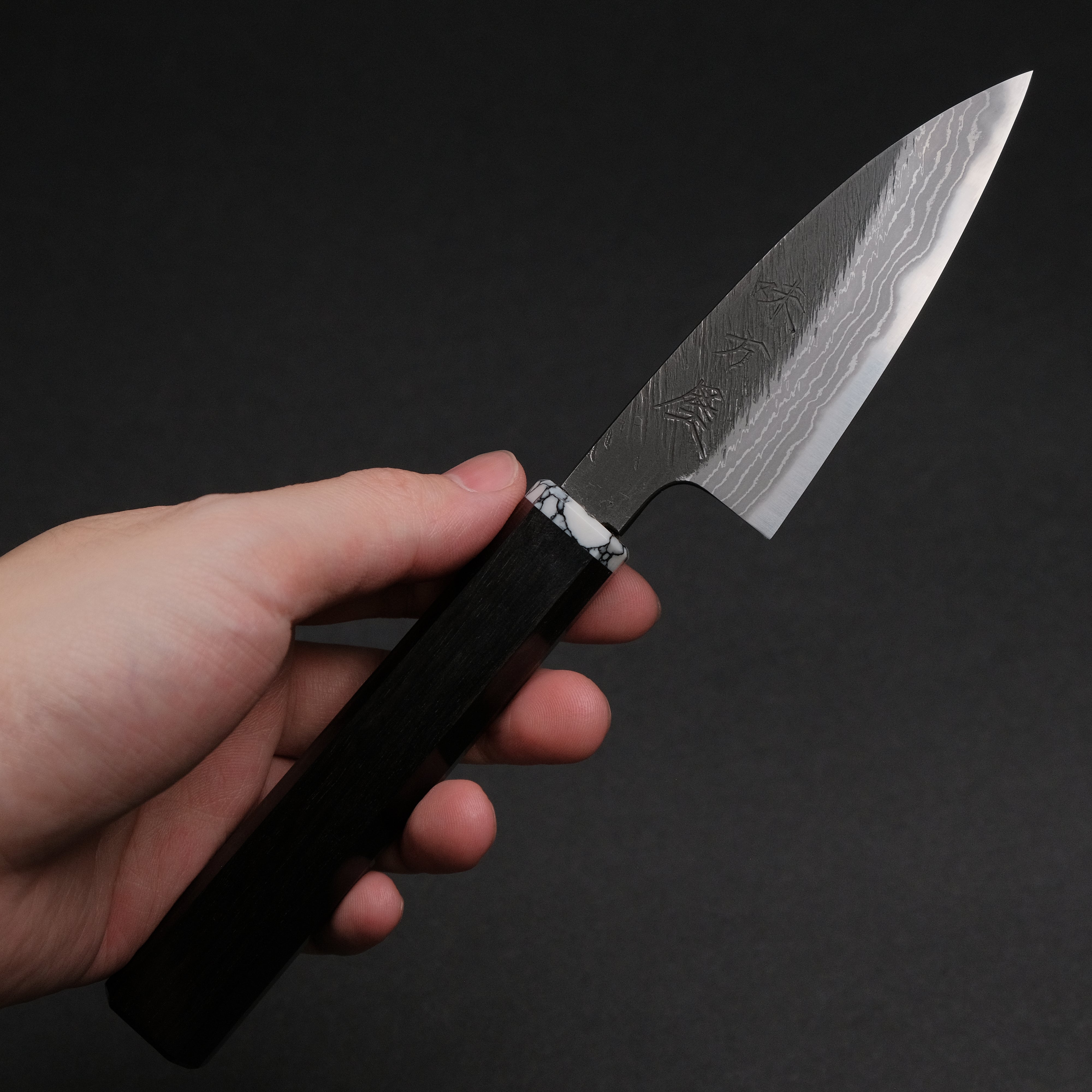 Premium Ajikataya White #2 Matsuba Damascus Petty Knife 80mm - Ebony & TQ Handle (#34) - Perfect for Slicing, Garnishing & Precision Kitchen Tasks