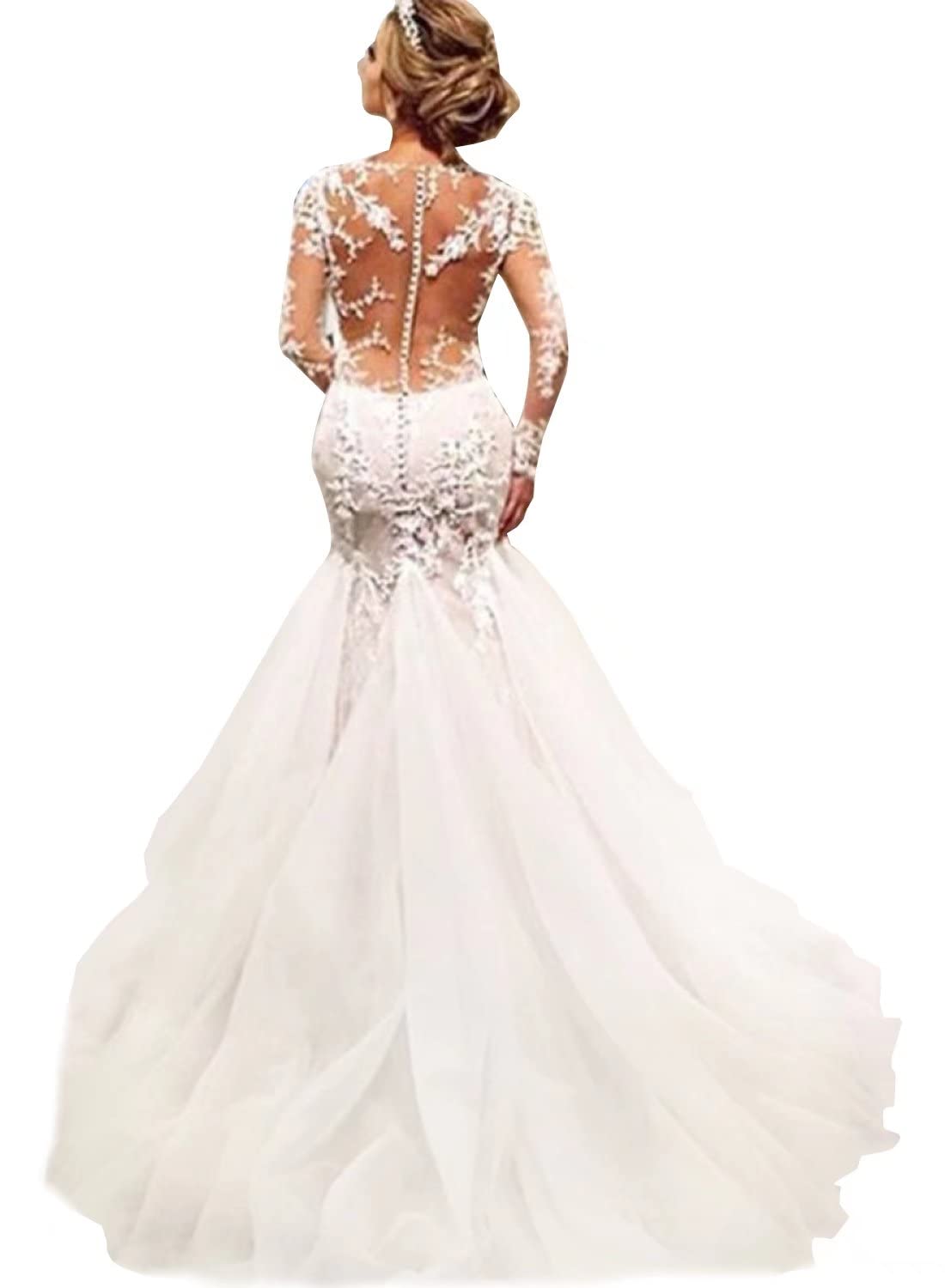 Elegant Mermaid Wedding Dress 2023 - Lace Applique Long Sleeve V-Neck Bridal Gown with Train | Perfect for Beach, Church, and Formal Wedding Ceremonies