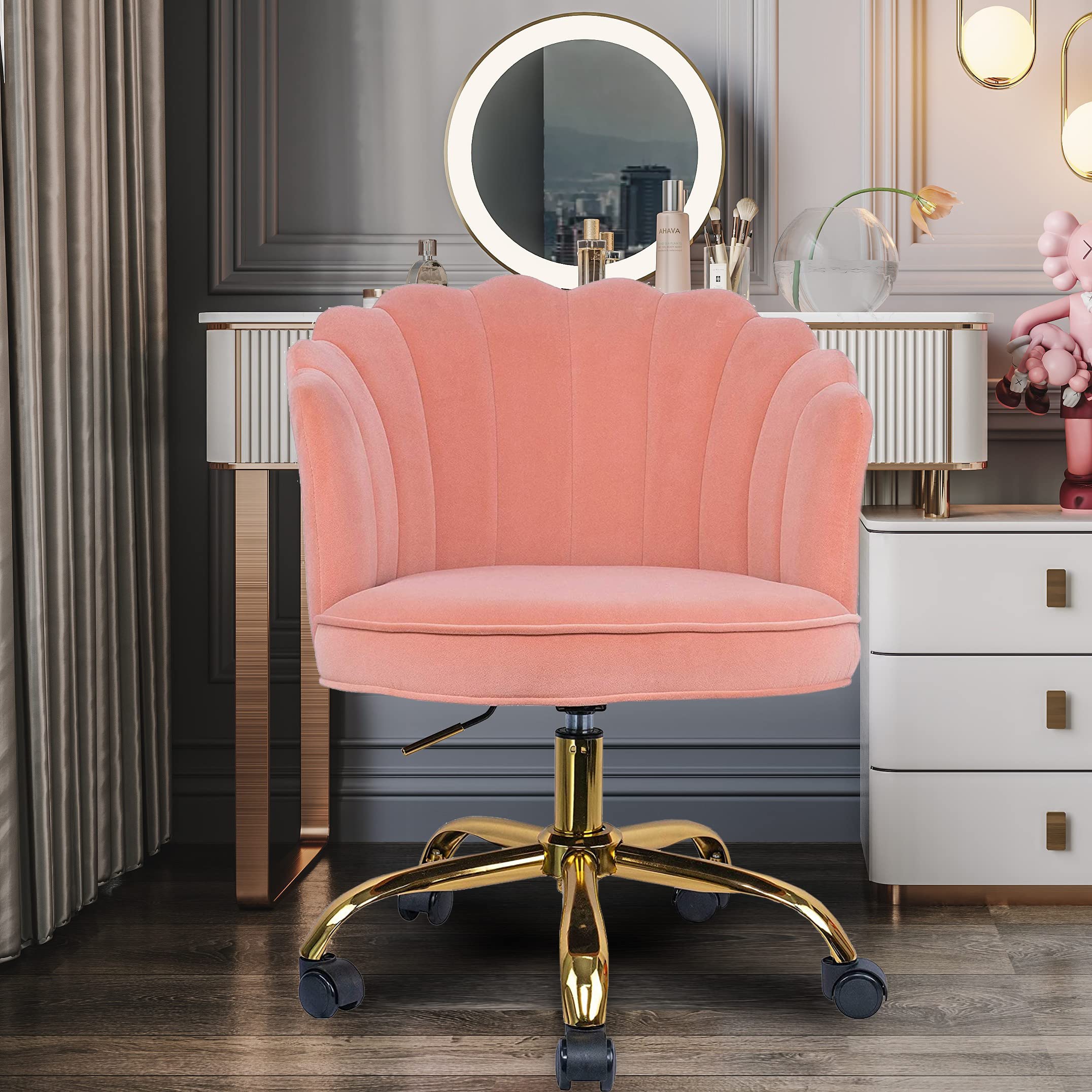 Modern Tufted Velvet Accent Chair - Shell Back Ergonomic Office Desk Chair with Golden Legs, Adjustable Swivel Task Chair for Home Office, Bedroom & Living Room - Perfect for Working, Studying or Relaxing