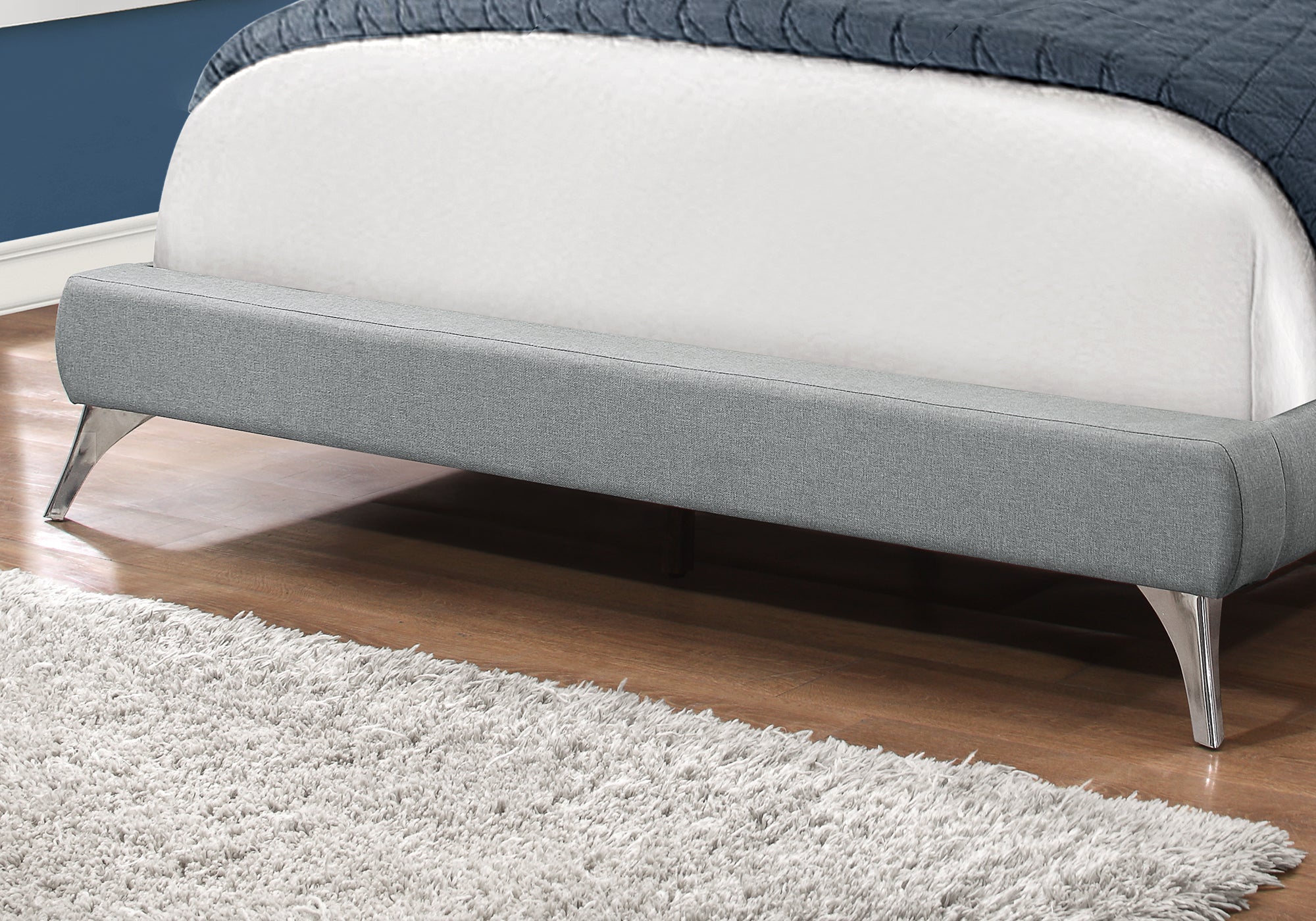Queen Size Bed Frame with Grey Linen Upholstery & Chrome Legs - Modern Platform Bed for Master Bedroom, Guest Room, or Apartment