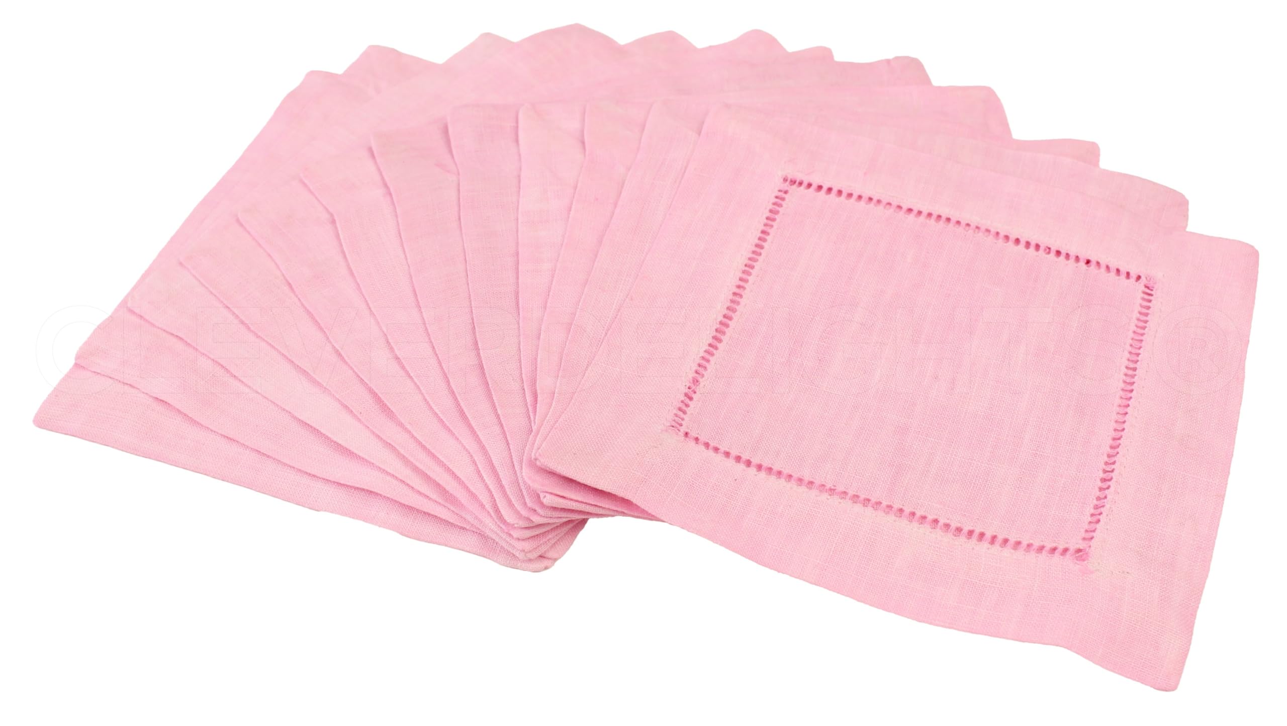 CleverDelights 6 Inch Light Pink Linen Hemstitch Cocktail Napkins - Set of 12 Premium 100% Linen Napkins - Perfect for Weddings, Bridal Showers & Elegant Dinner Parties