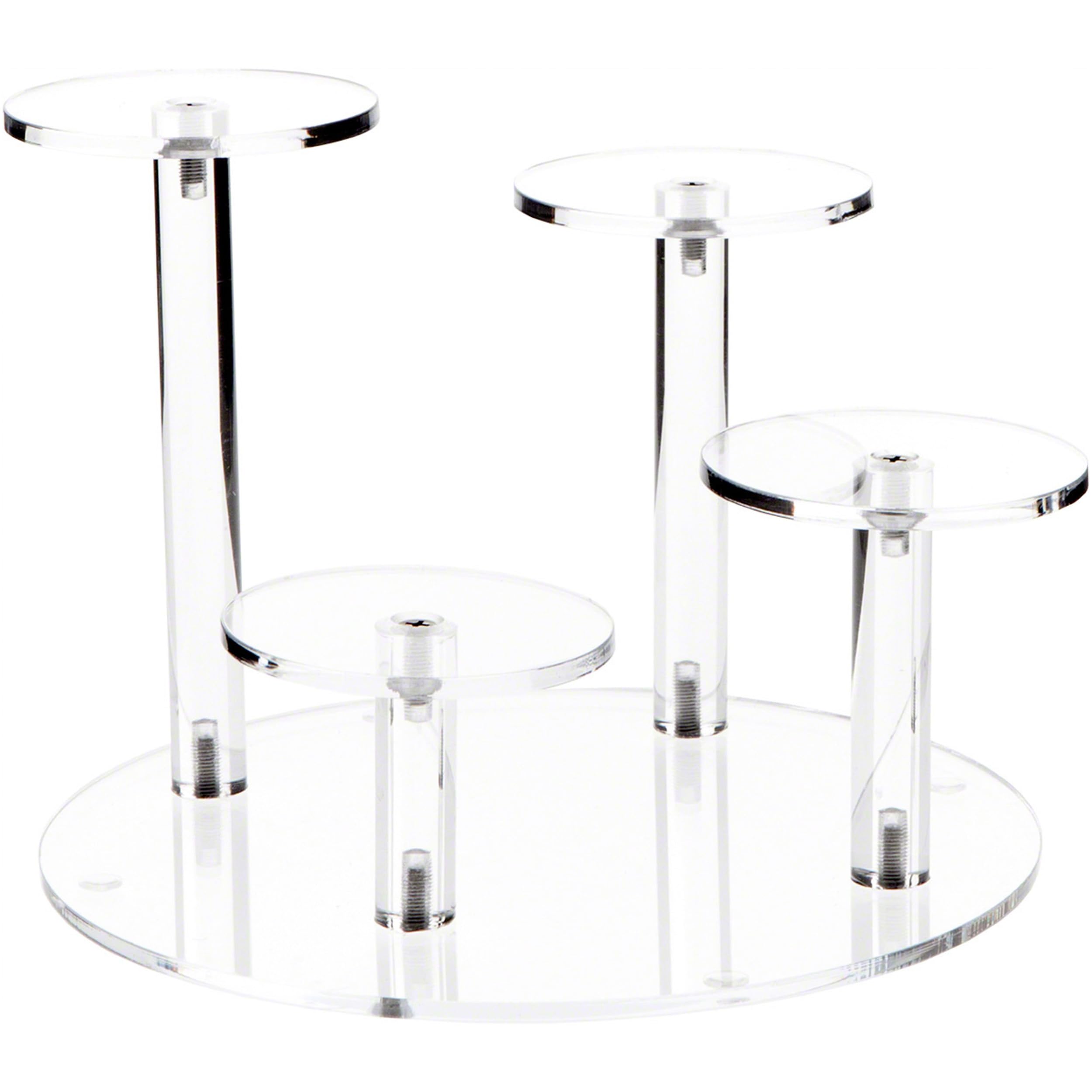 Plymor 8-Inch Clear Acrylic Round Base Riser with 4 Round 3-Inch Display Pedestals - 6-Inch Height (3-Pack Set) - Perfect for Retail Displays, Cake Stands, and Home Decor Organization