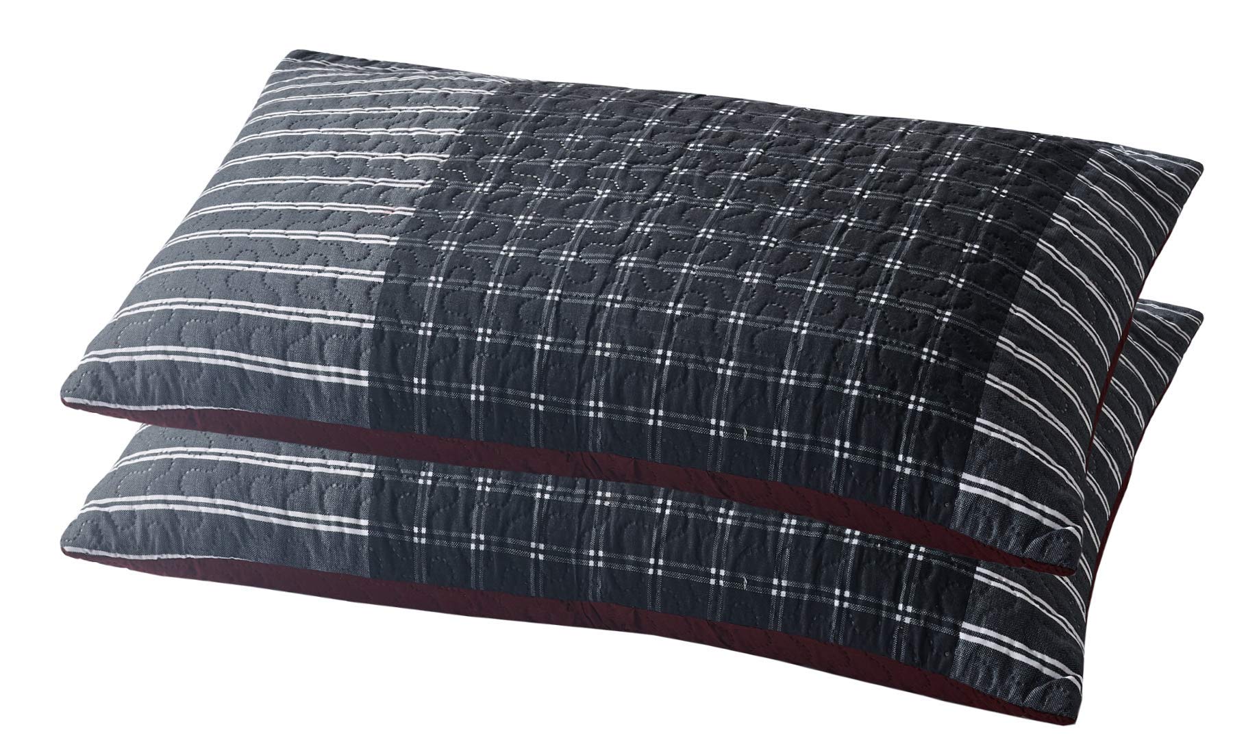 Premium Ultra Soft Modern Decorative Pillow Shams Set of 2 - All American Collection (King/Cal King, Black/Grey/Red Plaid) for Luxury Bedroom Decor & Home Styling