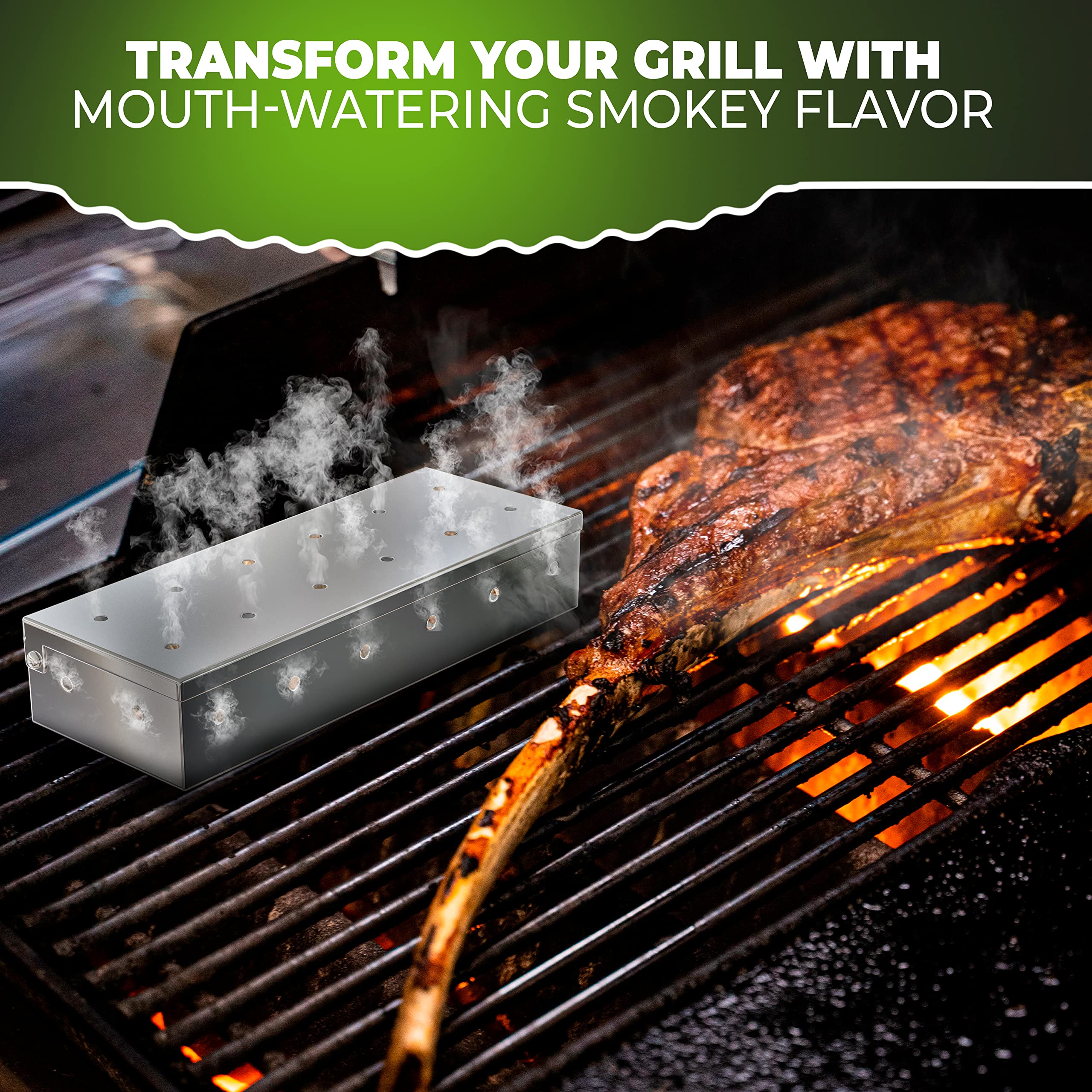 Premium Smoker Box for Gas Grill - Pre-Filled with Apple Wood Chips for Rich Smoky Flavor - Compatible with Propane & Pellet Grills - Perfect for BBQ, Grilling, and Smoking Meats at Backyard Parties and Camping Trips