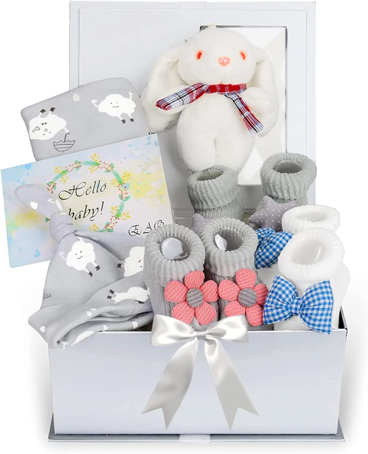 EAQ Newborn Baby Gift Set - Unisex Essentials for Boys & Girls with Swaddle, Hat, Socks & Soft Rabbit Toy | Perfect Baby Shower, Easter & Welcome Gifts for New Parents