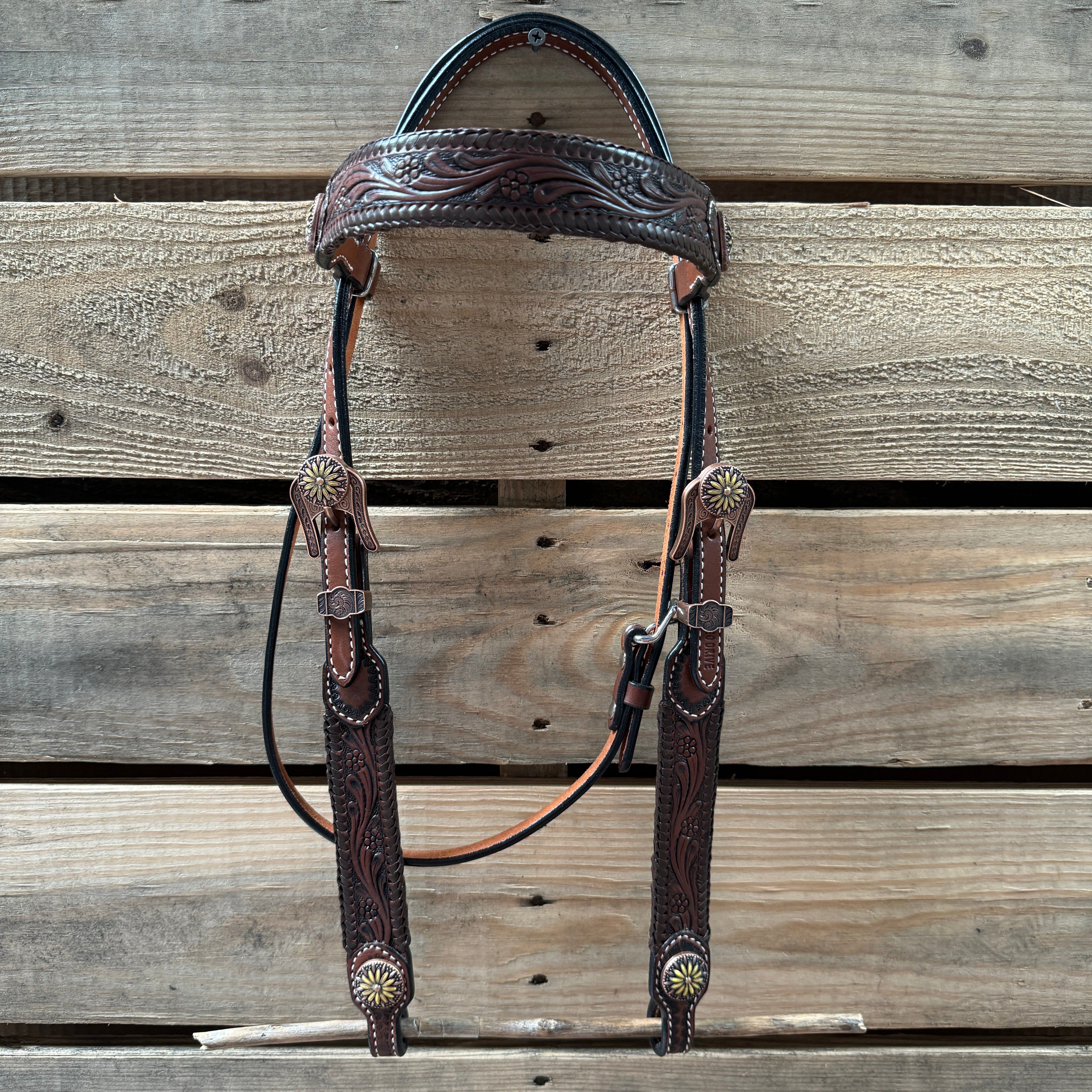 Premium Dark Oil Braided Sunflower Browband & One-Ear Breastcollar Tack Set for Horses - Durable Equestrian Riding Gear for Show, Trail & Dressage | Model #BBBC649