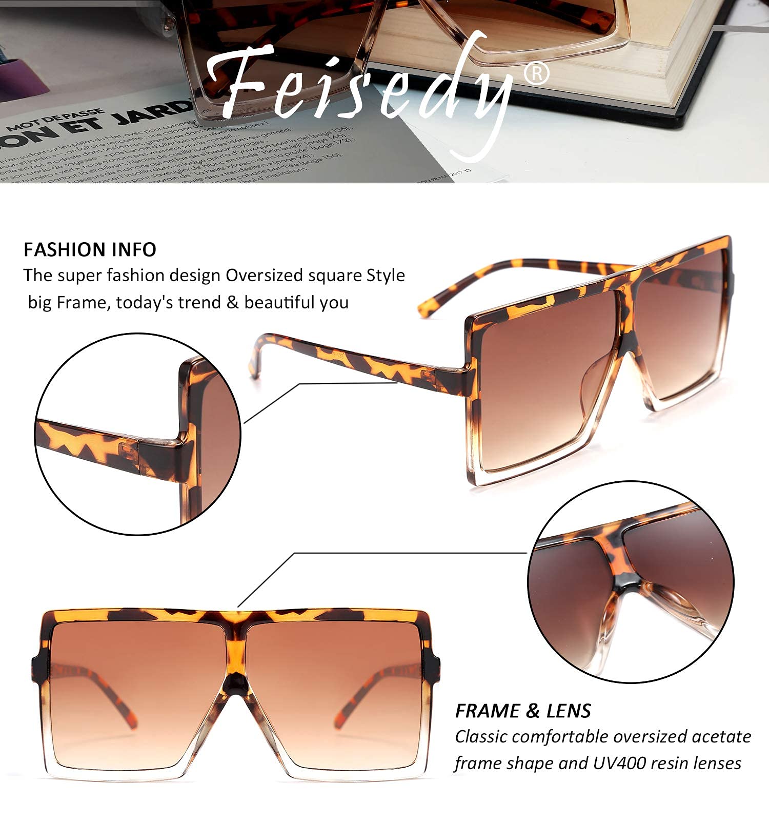 FEISEDY Women's Oversized Square Sunglasses - UV400 Protection, Large Frame Fashion Shades for Women - Perfect for Beach, Driving & Outdoor Activities