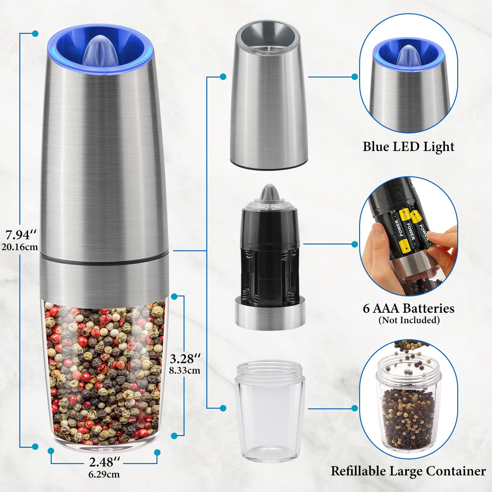 Premium Electric Salt and Pepper Grinder Set - Battery Powered with LED Light, One-Hand Automatic Operation, Adjustable Coarseness - Perfect for Kitchen, Dining Table & Outdoor BBQ (Black/Silver, 2-Piece Set)