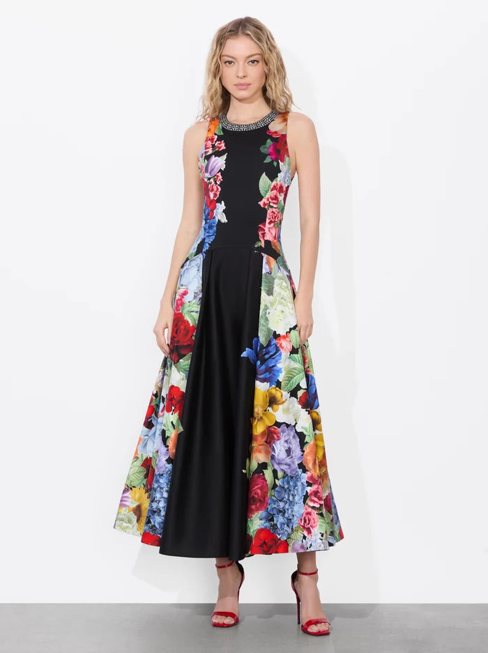 Adley Drop Waist Midi Dress - Floral Print Black Summer Dress for Women | Garden Party, Brunch Date, Wedding Guest Outfit