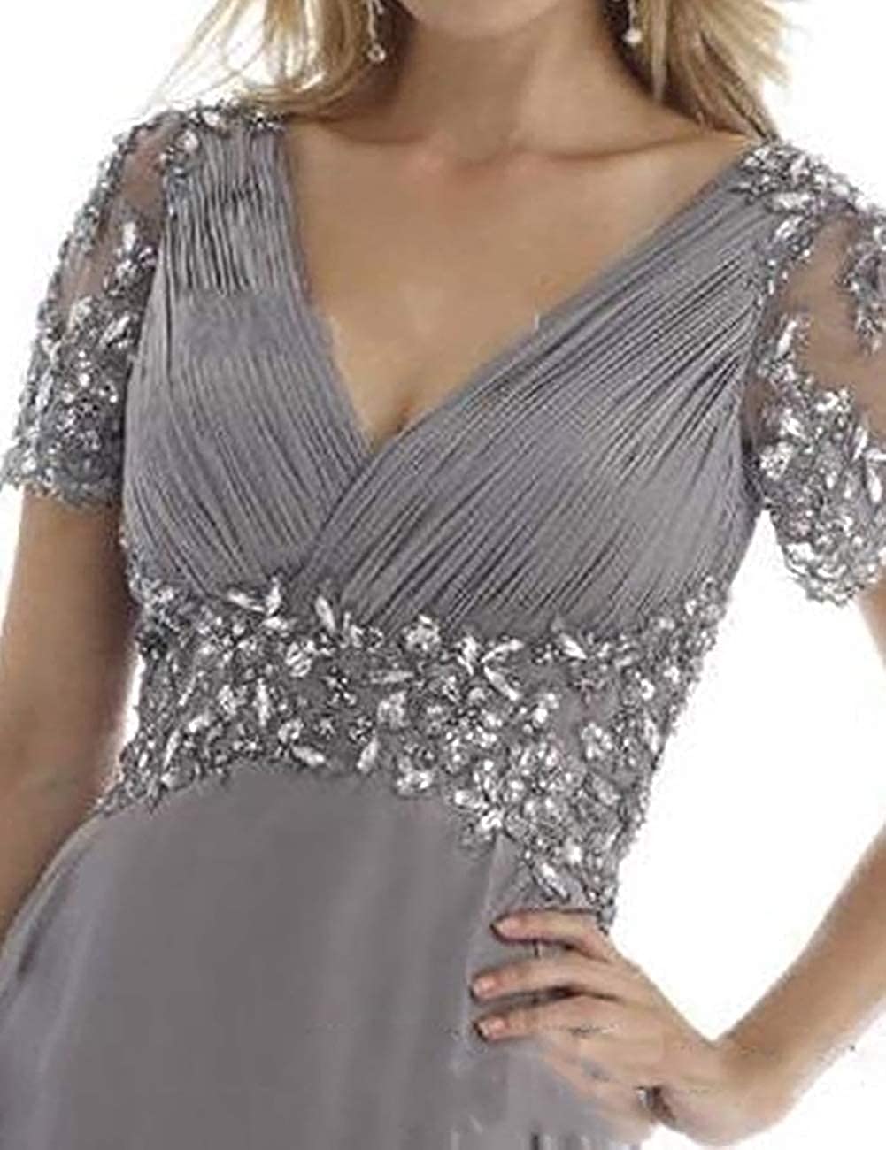 Elegant Mother of The Bride Dresses - V-Neck Beaded Long Evening Gowns with Pleated Short Sleeves for Weddings, Parties & Special Occasions