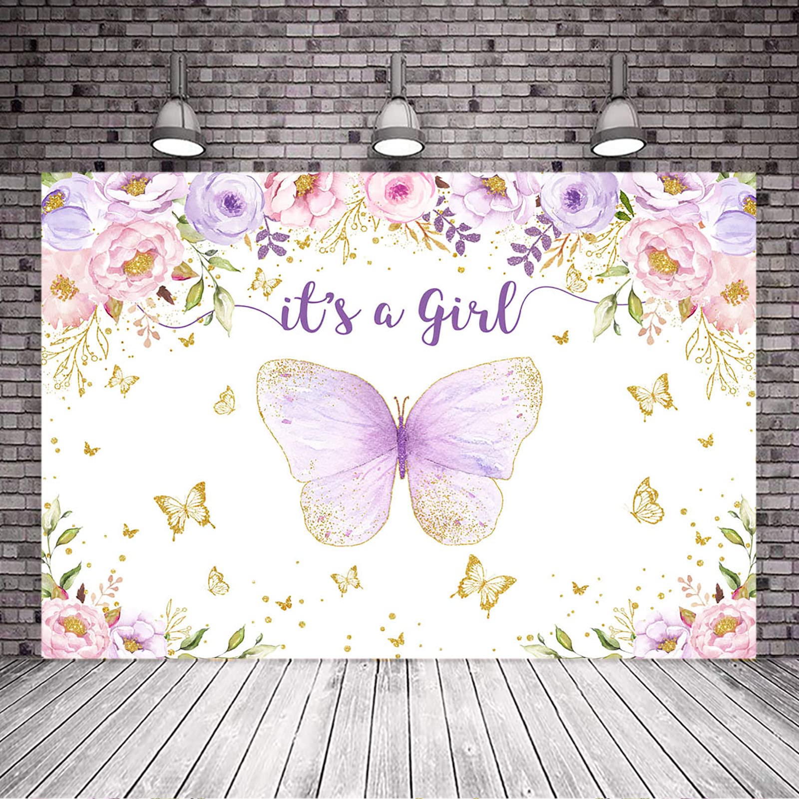 Purple & Pink Floral Gold Dot Butterfly Baby Shower Backdrop - 7x5ft It's a Girl Party Decor, Photo Booth Banner for Baby Shower, Gender Reveal & Nursery Decorations