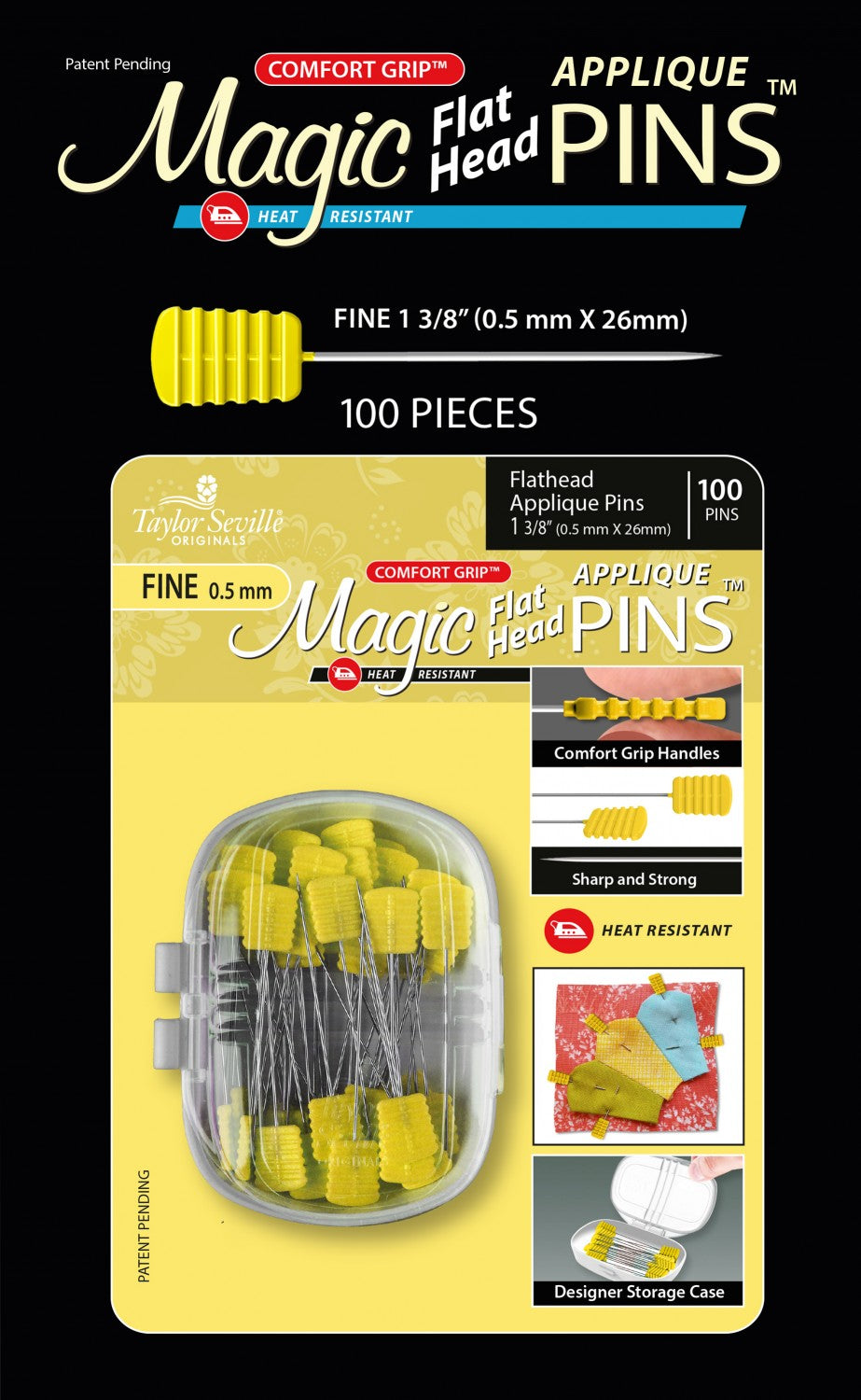 100pcs Magic Pins - Heat Resistant Flat Head Applique Pins for Sewing, Quilting & Fabric Crafts (Fine Yellow) - Perfect for DIY Projects, Dressmaking & Upholstery