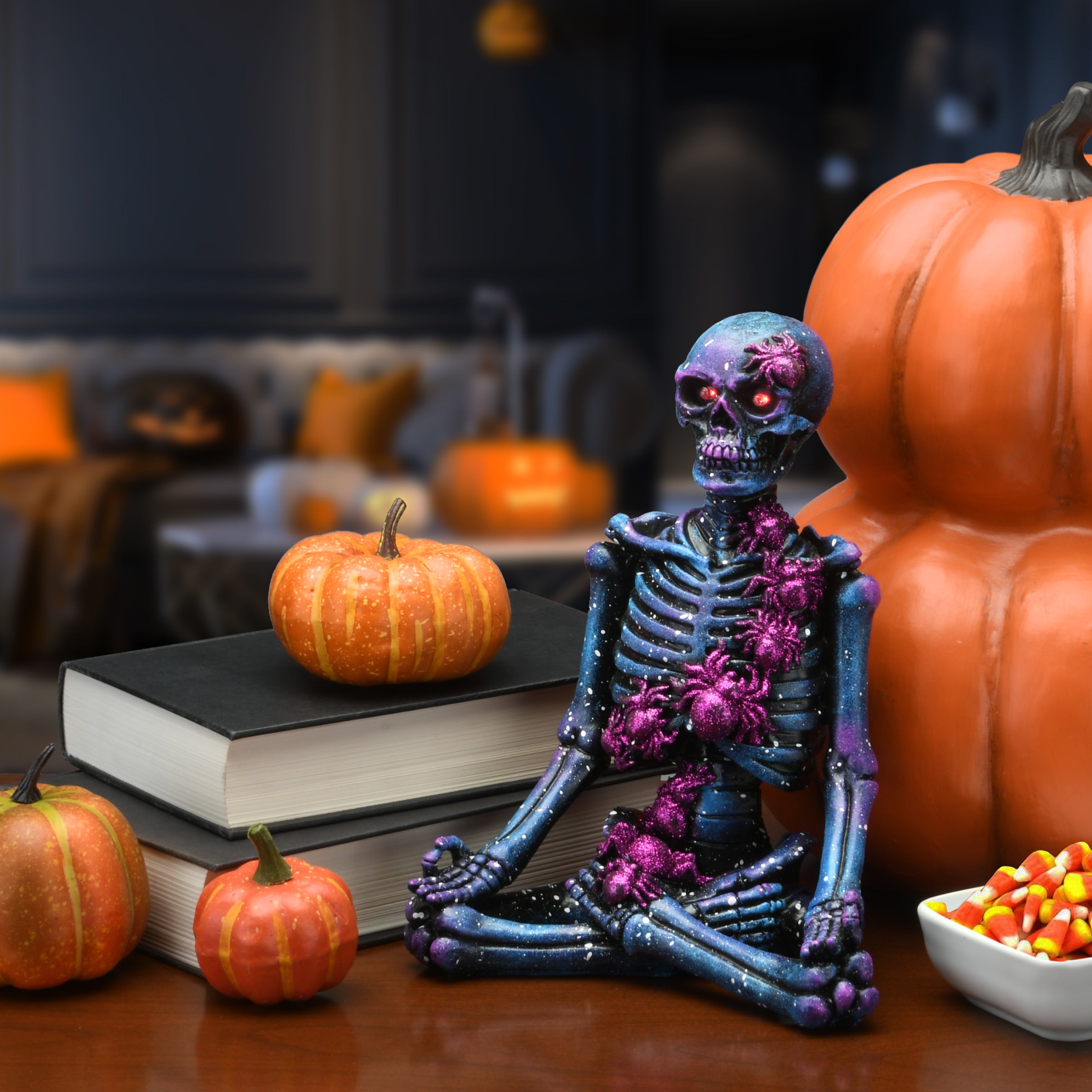 10 Inch Halloween Purple Galaxy Meditating Skeleton with LED Lights - Spooky Home Decor for Party, Yard, and Indoor Halloween Display