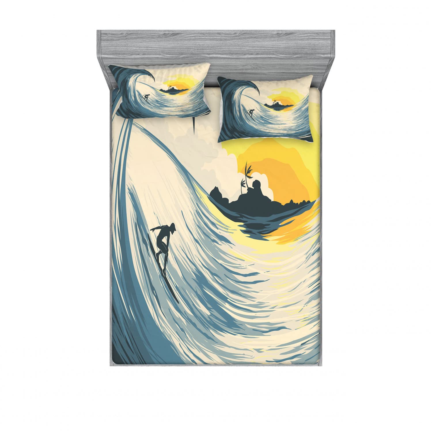 Ambesonne 2-Pack Ocean Themed Full Size Fitted Sheet Set with 4 Pillow Shams - Tropical Island Cloud Pattern Bedding in Beige Yellow Navy - Perfect for Beach House Decor & Coastal Themed Bedrooms