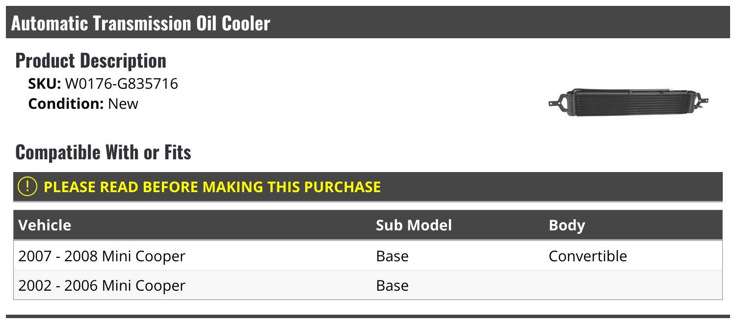 High Performance Automatic Transmission Oil Cooler for 2002-2008 Mini Cooper Base - Improves Cooling & Extends Transmission Life - Perfect for Daily Commuting & Performance Driving