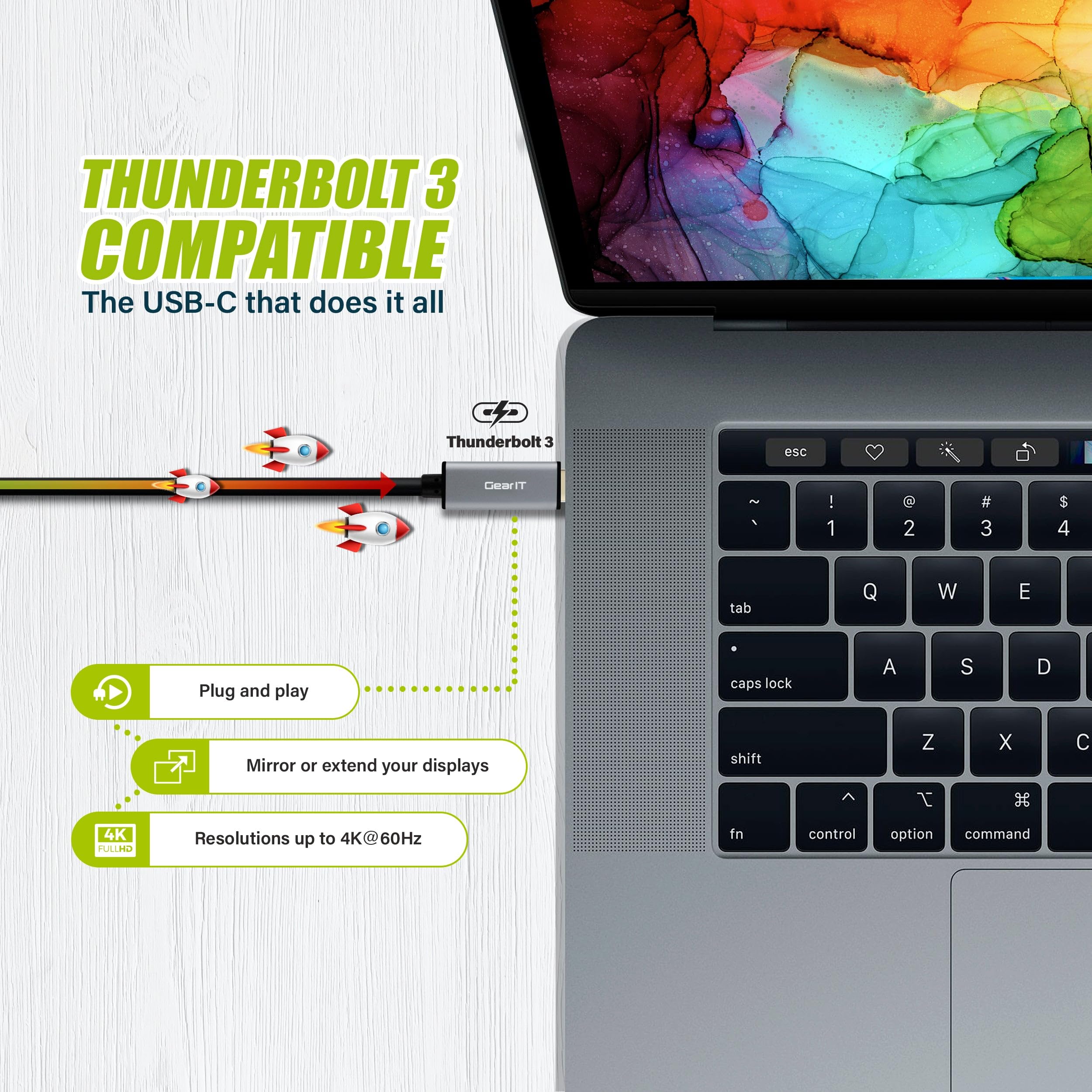 GEARit 3ft USB-C to DisplayPort Cable 4K@60Hz - Thunderbolt 3 Compatible for MacBook Pro/Air, iPad Pro, Surface Book 2 - High-Speed Video & Audio Transmission - Perfect for Home Office, Gaming & Multimedia Presentations