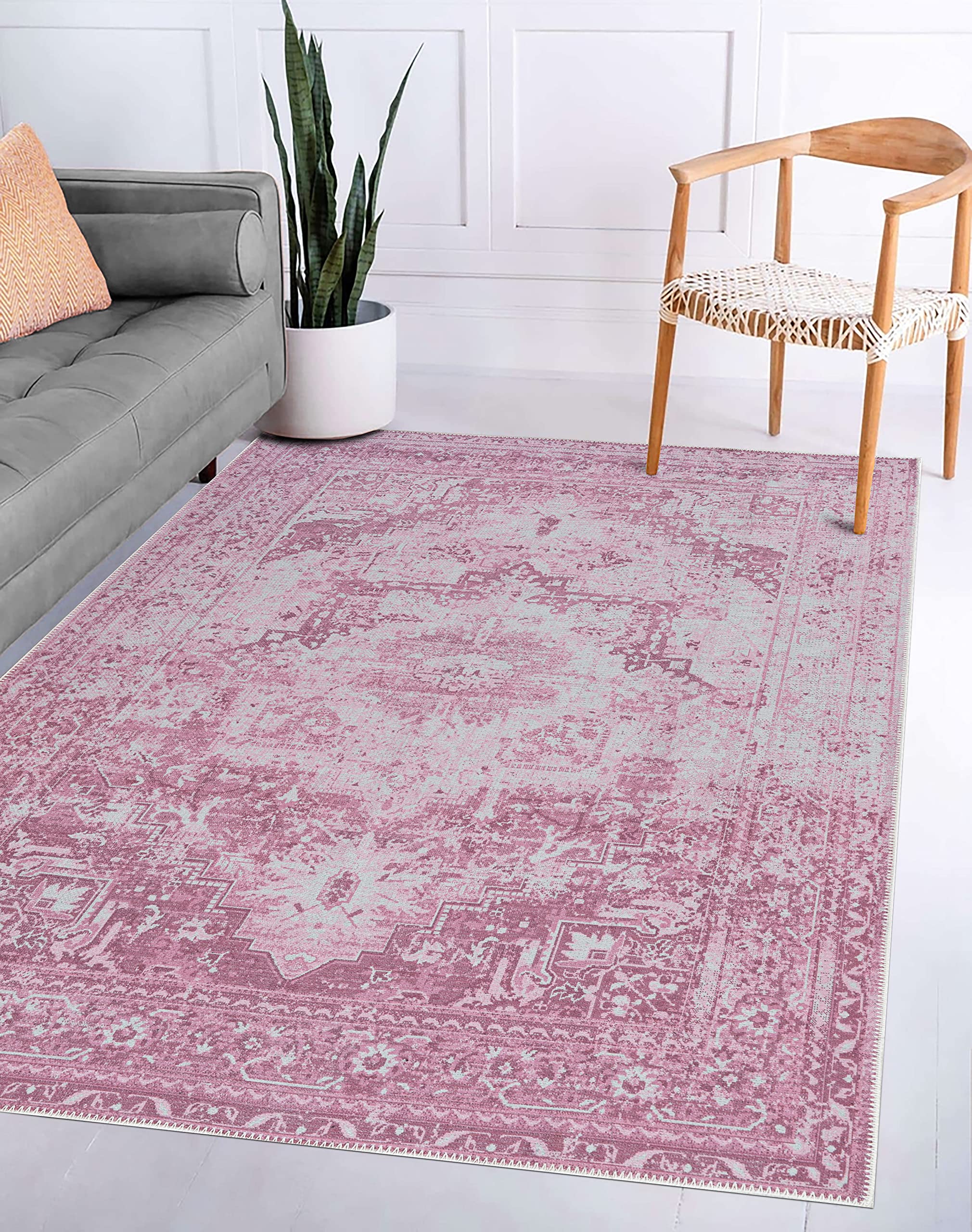 Machine Washable Area Rug - Adiva Rugs Vintage Persian Print Carpet for Living Room, Bedroom, Bathroom & Kitchen - Soft Floor Mat Home Decor (Pink, 7'10
