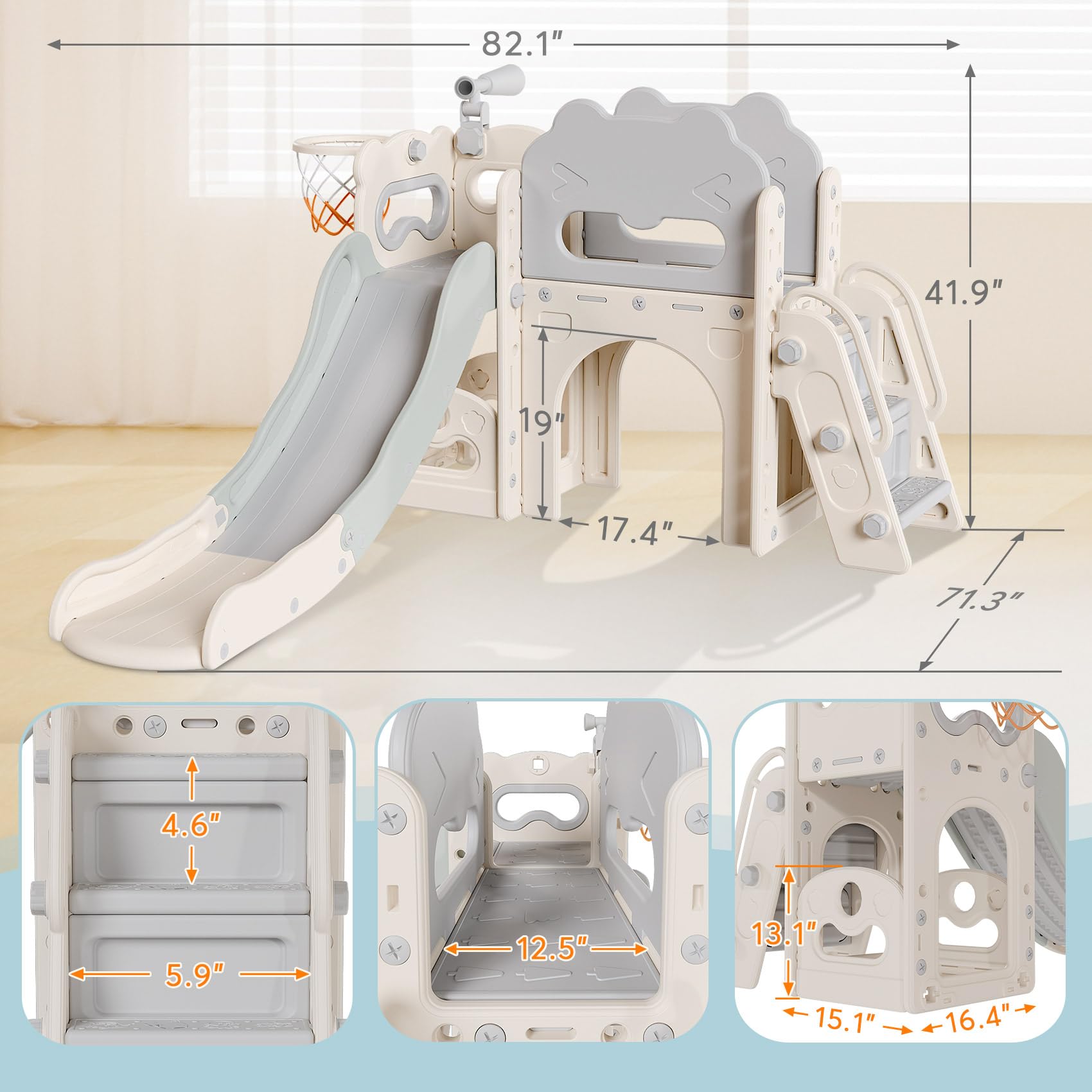 **Babytronic 7-in-1 Toddler Slide & Playset for Kids Ages 1-3 – Indoor & Outdoor Slide with Basketball Hoop & Telescope – Safe & Fun Toddler Playground (White & Gray) – Perfect for Home, Backyard, Daycare & Playrooms**