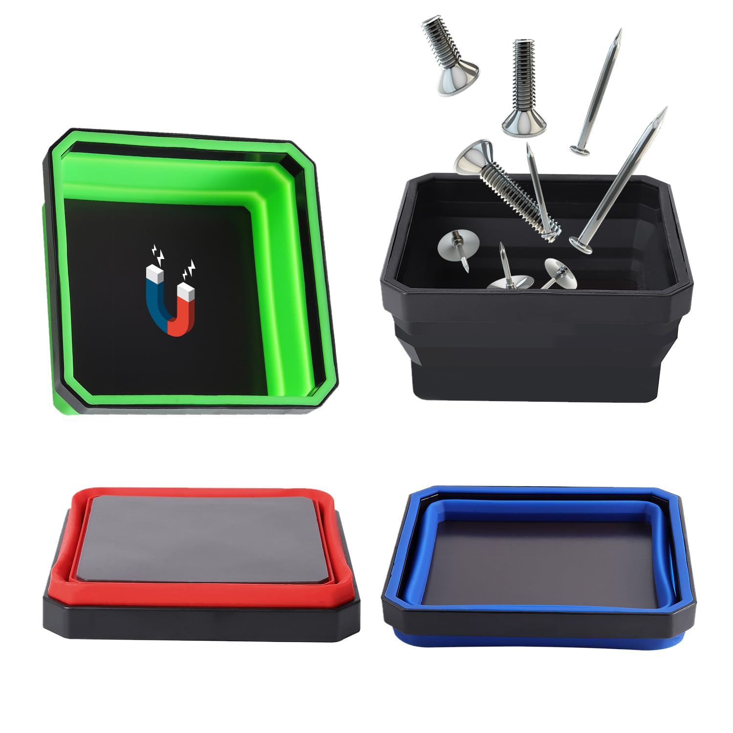 Magnetic Parts Tray Set - 4pc Collapsible Tool Organizer for Screws & Bolts - Workshop & DIY Use