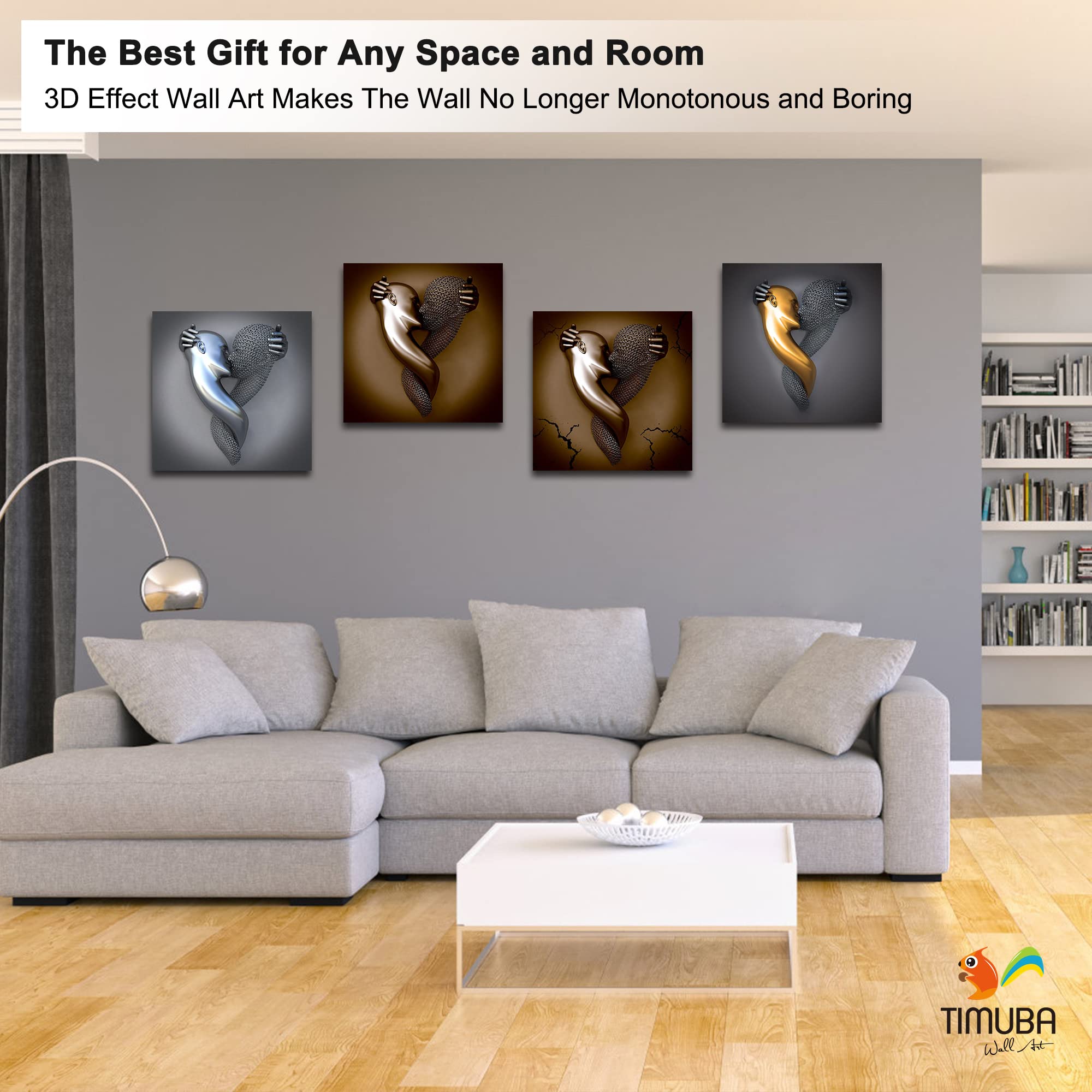 4 Piece Set 3D Canvas Wall Art - Love Heart Gray Modern Framed Painting for Bedroom Decor, Hugging Couple & Kissing Design (20”x20”x4Pcs) | Perfect for Home, Living Room, Wedding Gift & Romantic Interior Design